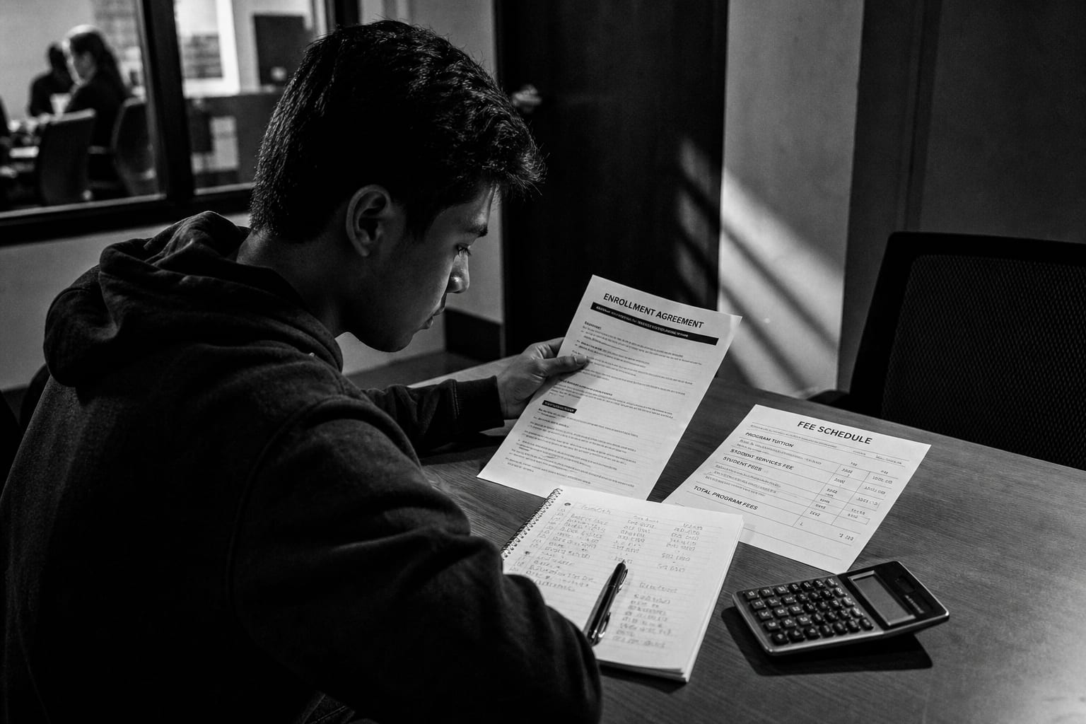 A prospective student at a table in a vocational school admissions office, reviewing a printed enrollment agreement and fee schedule alongside a notebook of...