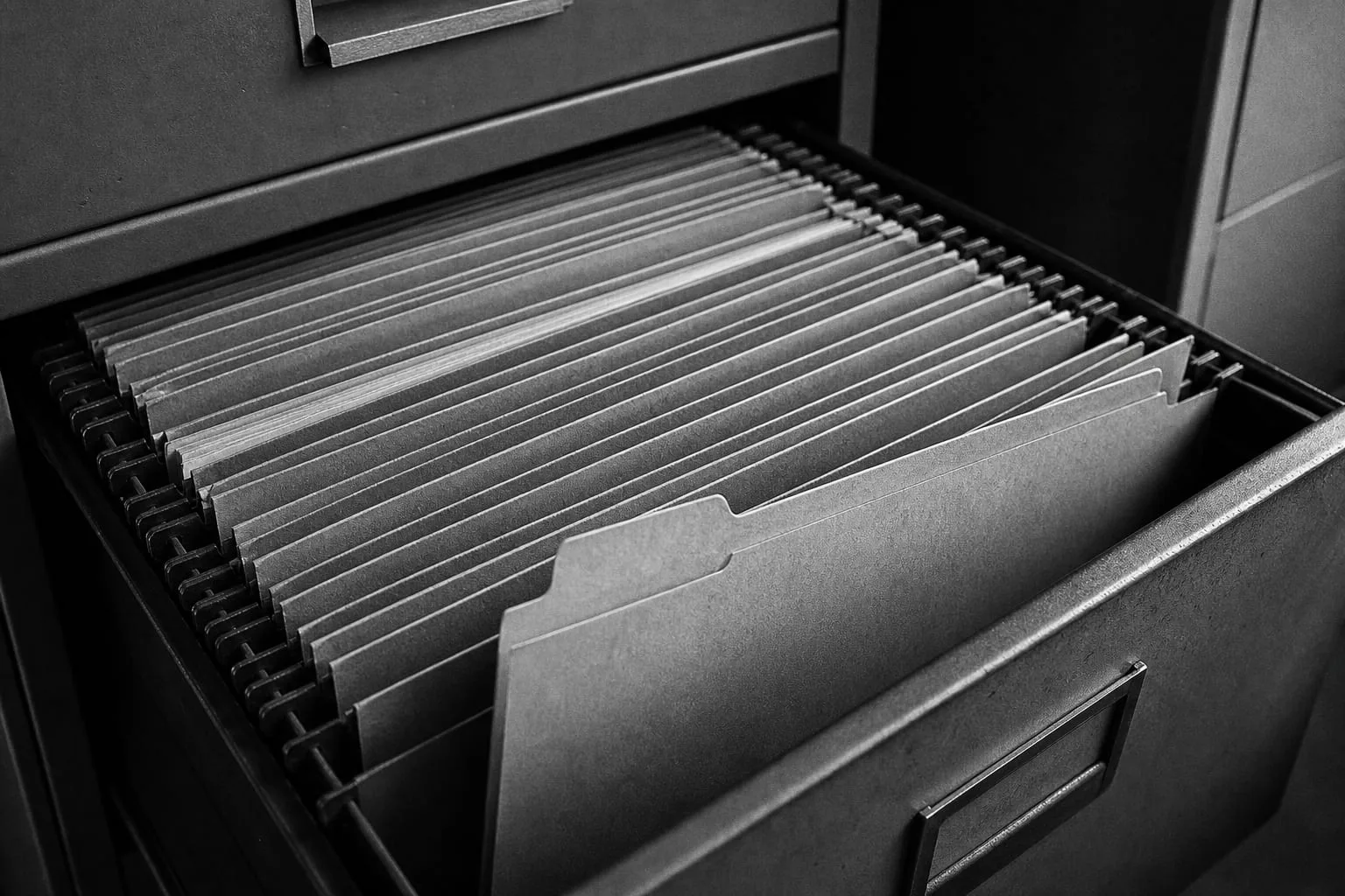 An open metal filing cabinet drawer packed tight with unlabeled hanging folders, one pulled slightly forward