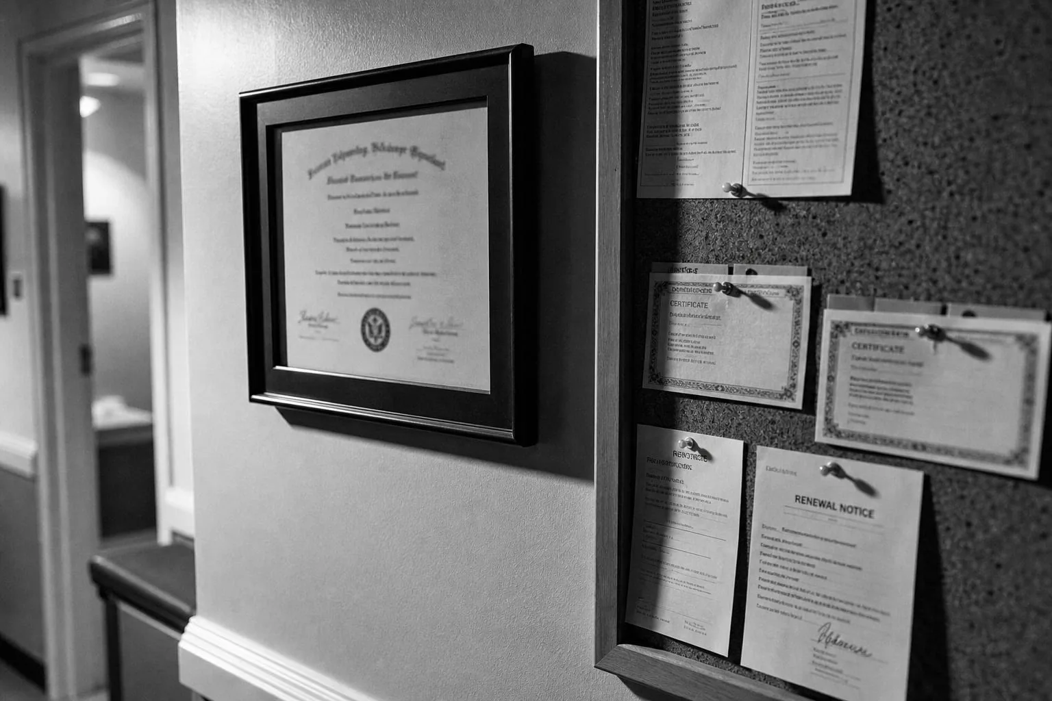 A clinician's wall-mounted license frame beside a bulletin board holding renewal notices and certification cards in a small clinic hallway