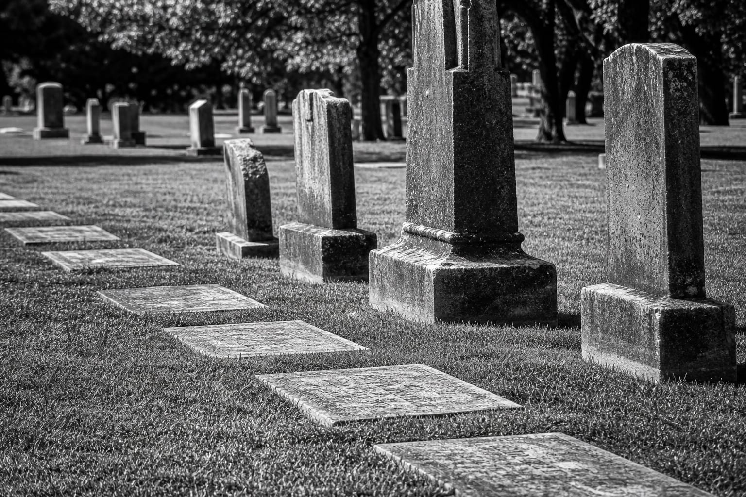 A row of granite headstones in a cemetery section where newer markers lie flush with the mown grass alongside older upright monuments