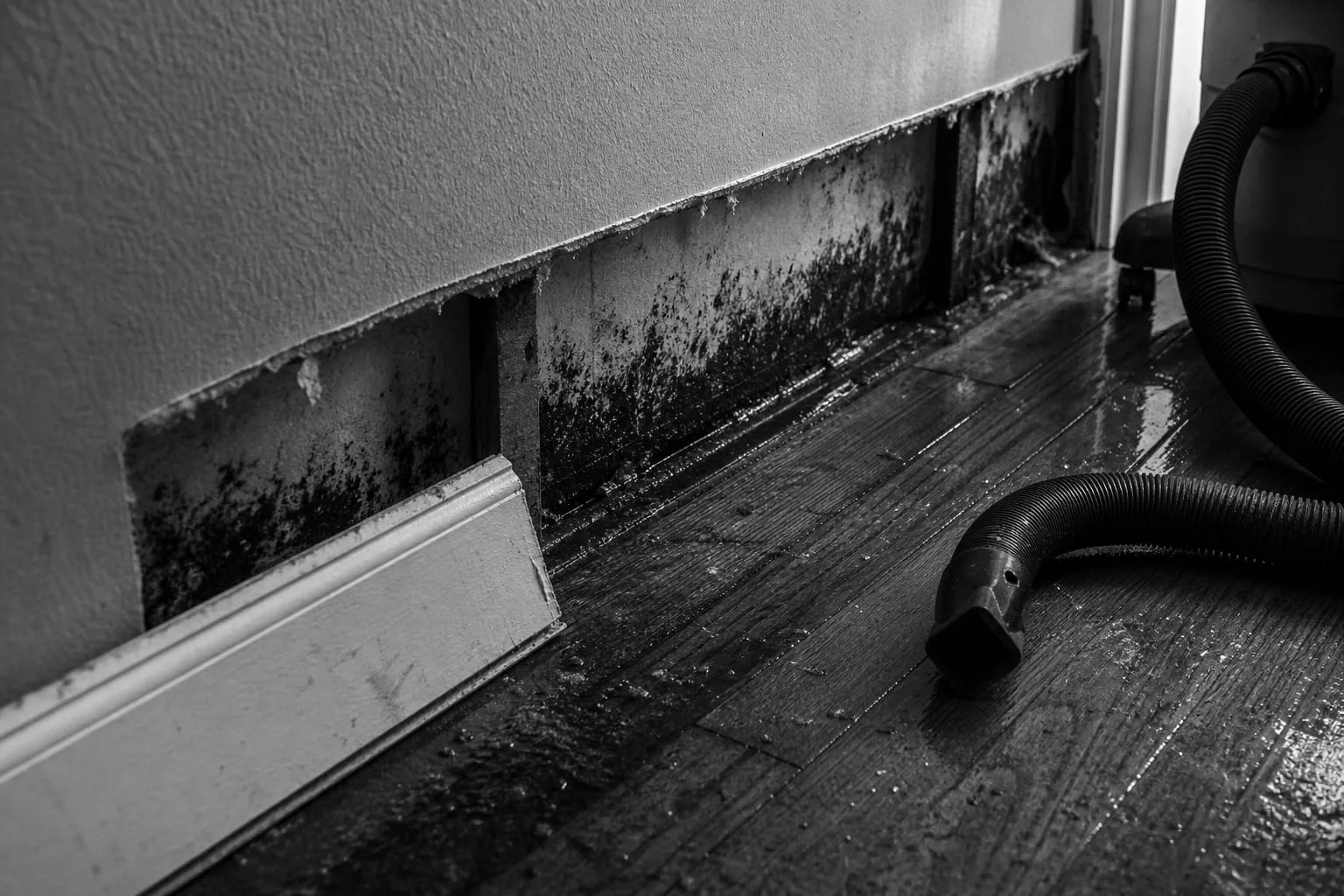 A section of baseboard pried away from a wall to expose damp drywall, with a wet hardwood floor and a shop vacuum hose nearby