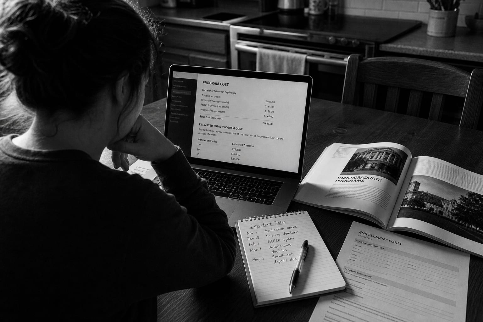 A person at a kitchen table with a laptop open to a program cost page, a printed course catalog, a notepad with a handwritten list of dates, and an unsigned...