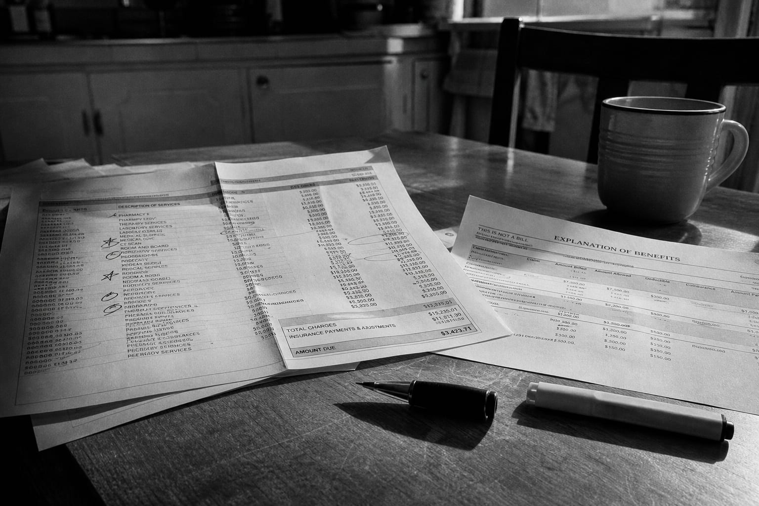 A multi-page itemized hospital statement spread across a kitchen table beside an insurance explanation of benefits form, a pen, and a highlighter, with sever...