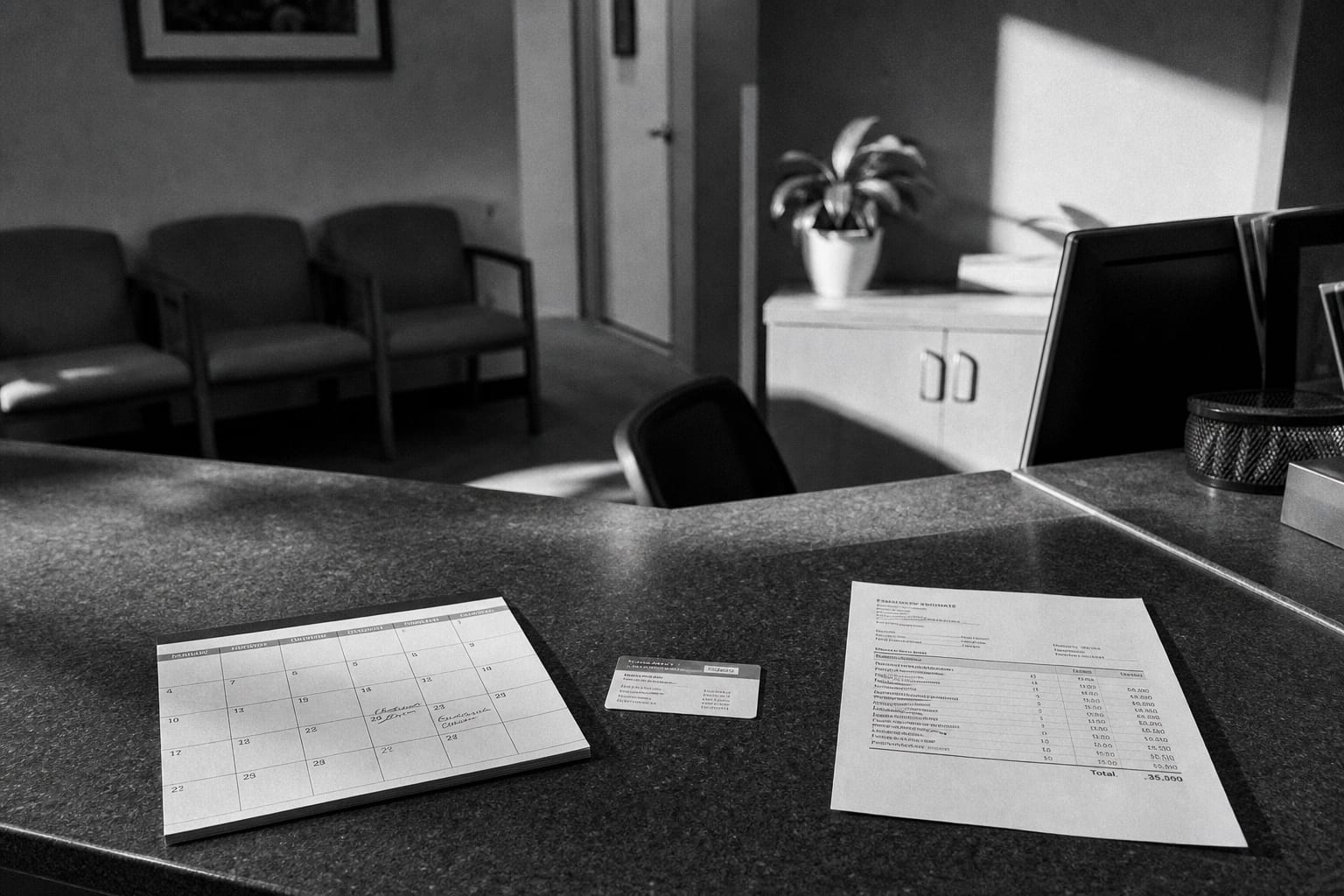 A clinic reception desk with a wall calendar, an insurance card, and a printed cost estimate lying side by side on the counter