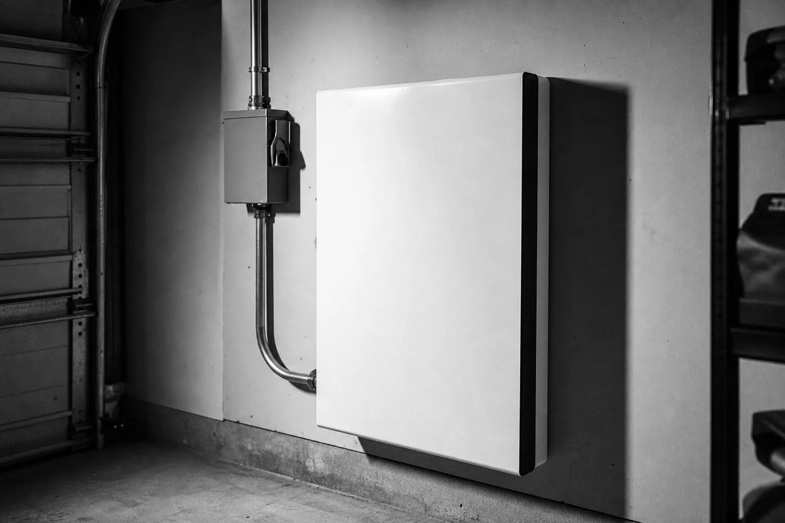 A wall-mounted home battery unit in a garage with metal conduit running up to a disconnect box beside it