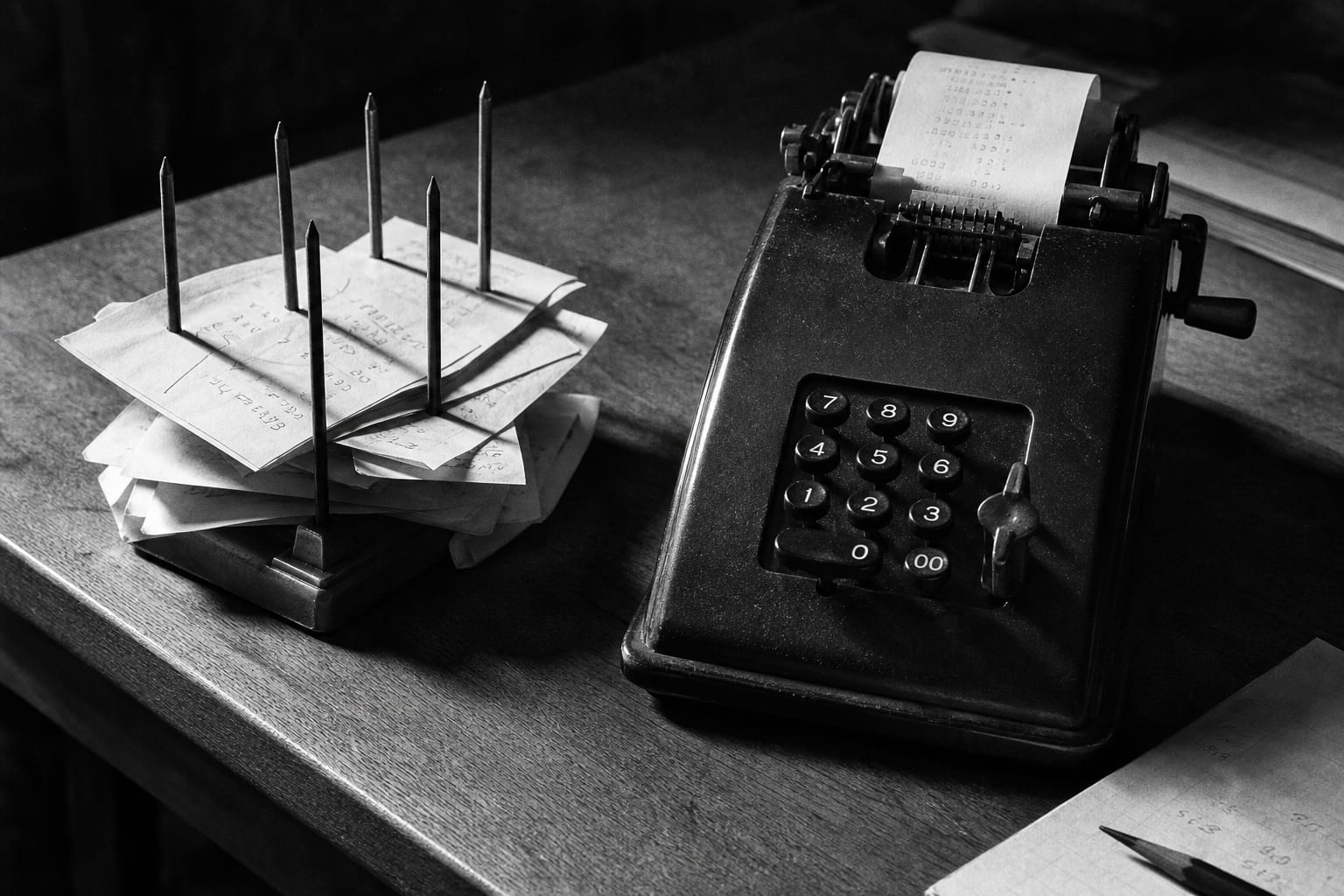 A ten-key adding machine on a desk beside a metal spike file holding paper slips