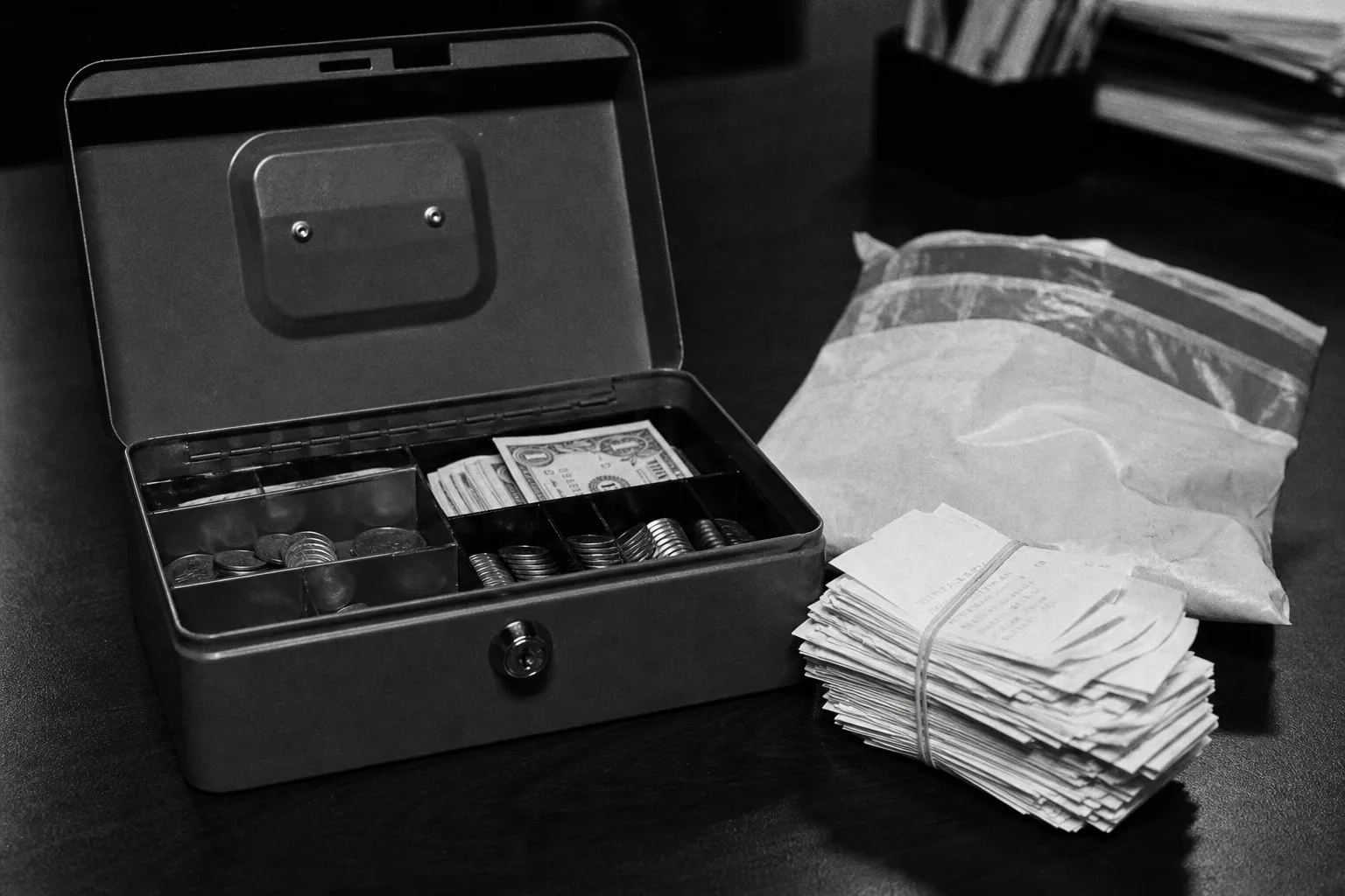 An open metal cash box on a desk with a rubber-banded stack of paper receipts and a bank deposit bag beside it