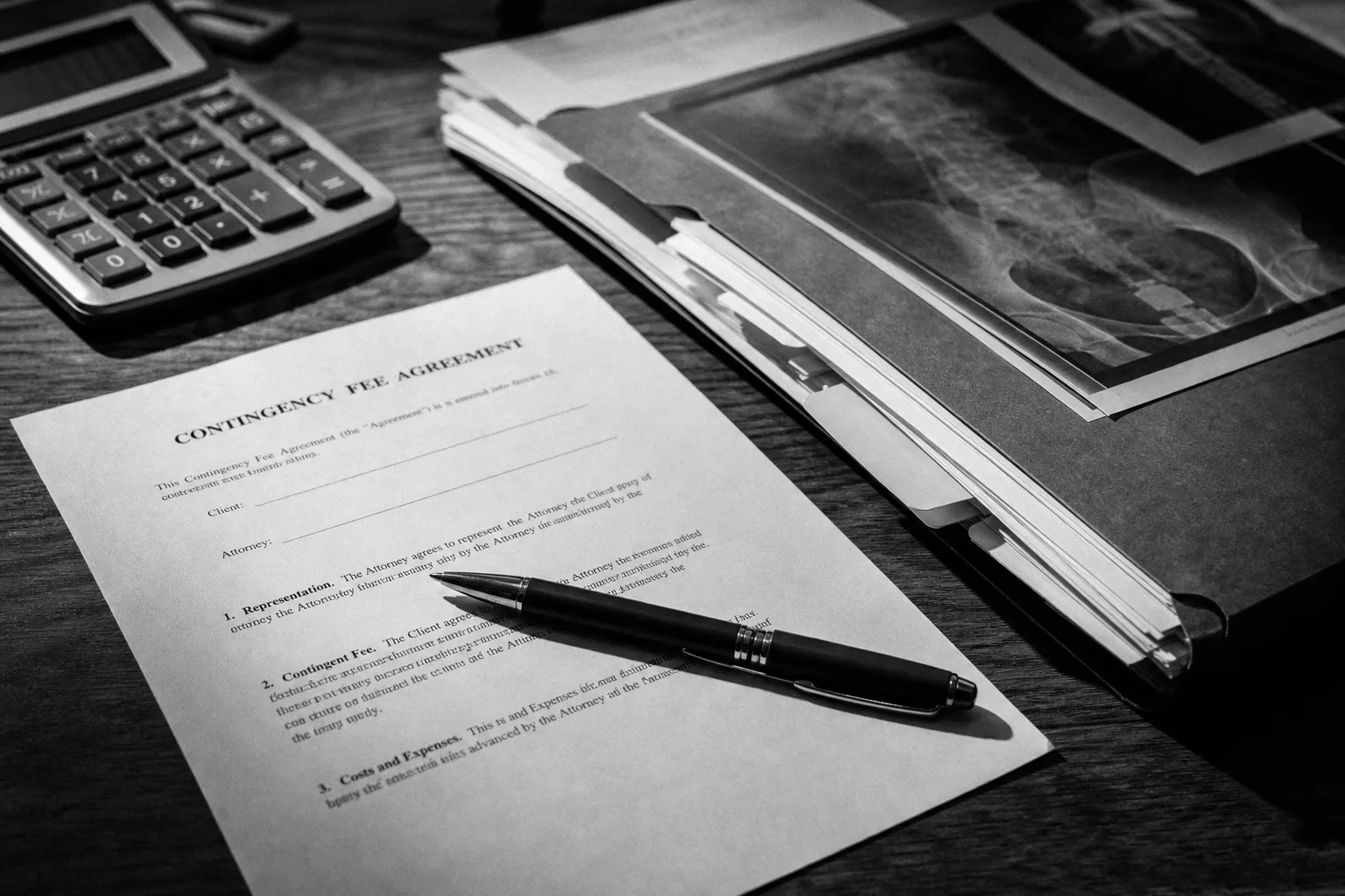 A printed contingency fee agreement on a desk with a pen resting across it, a calculator and a folder of medical records beside it