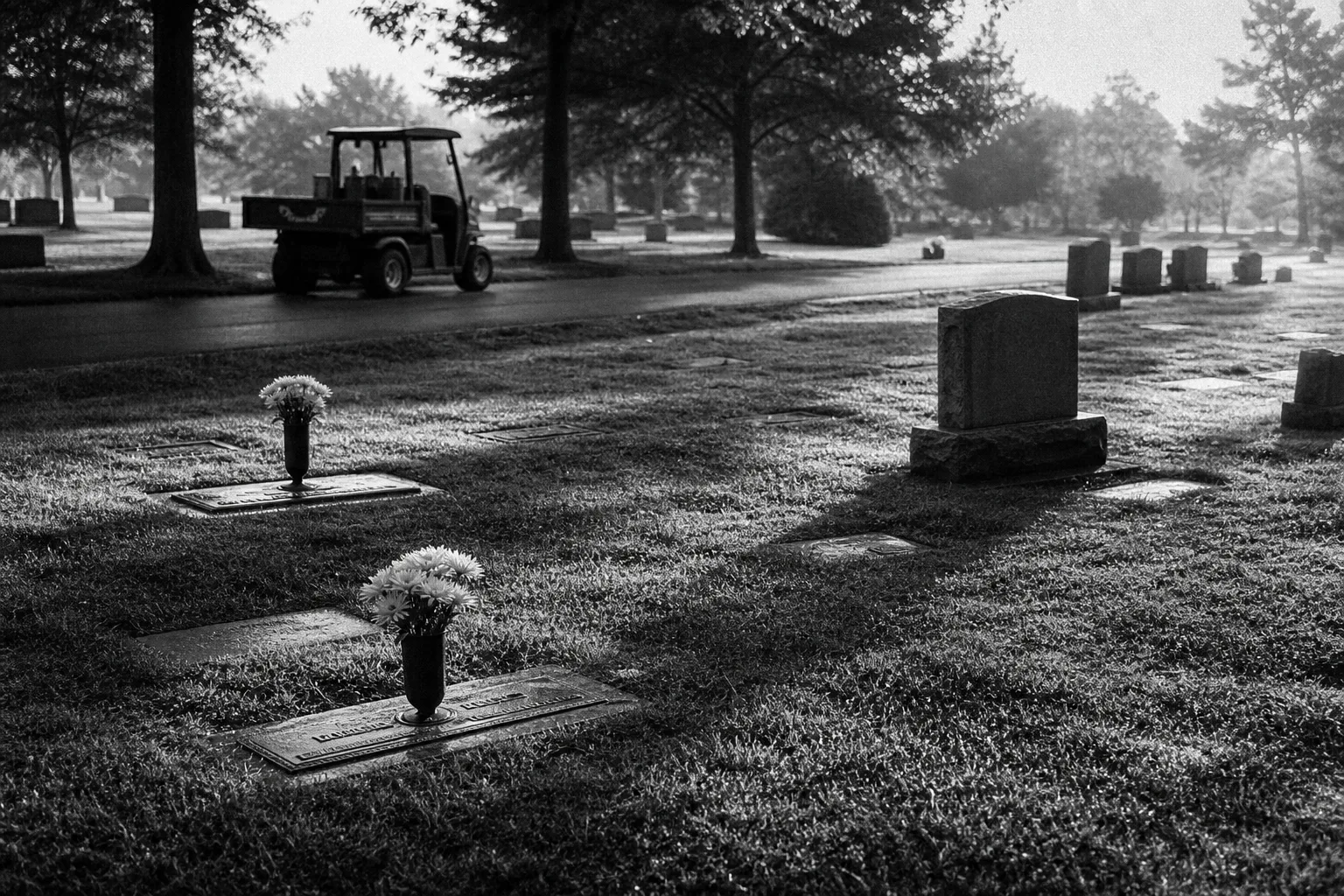 A quiet cemetery lawn in early morning with rows of flush bronze markers and a few upright granite headstones, a groundskeeper's small maintenance vehicle pa...