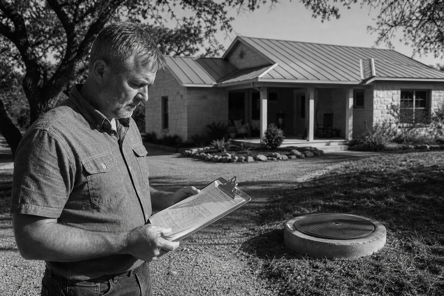A homeowner standing in a driveway holding a clipboard of county permit documents, with a modest hill country house, a metal roof and a septic system access...