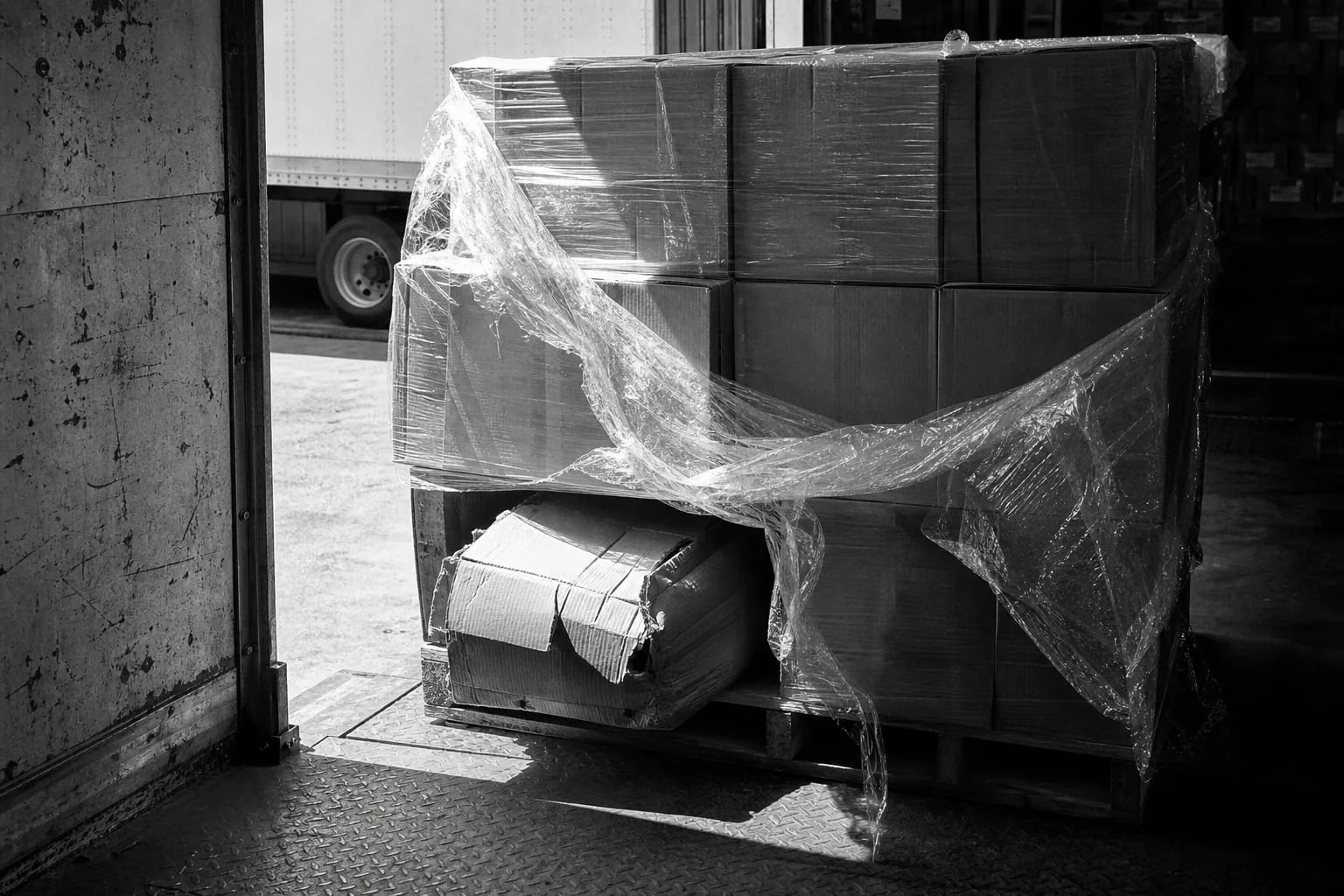 A warehouse receiving dock with a shrink-wrapped pallet partly unwrapped, one crushed carton visible on the bottom tier, a clipboard with a delivery receipt...