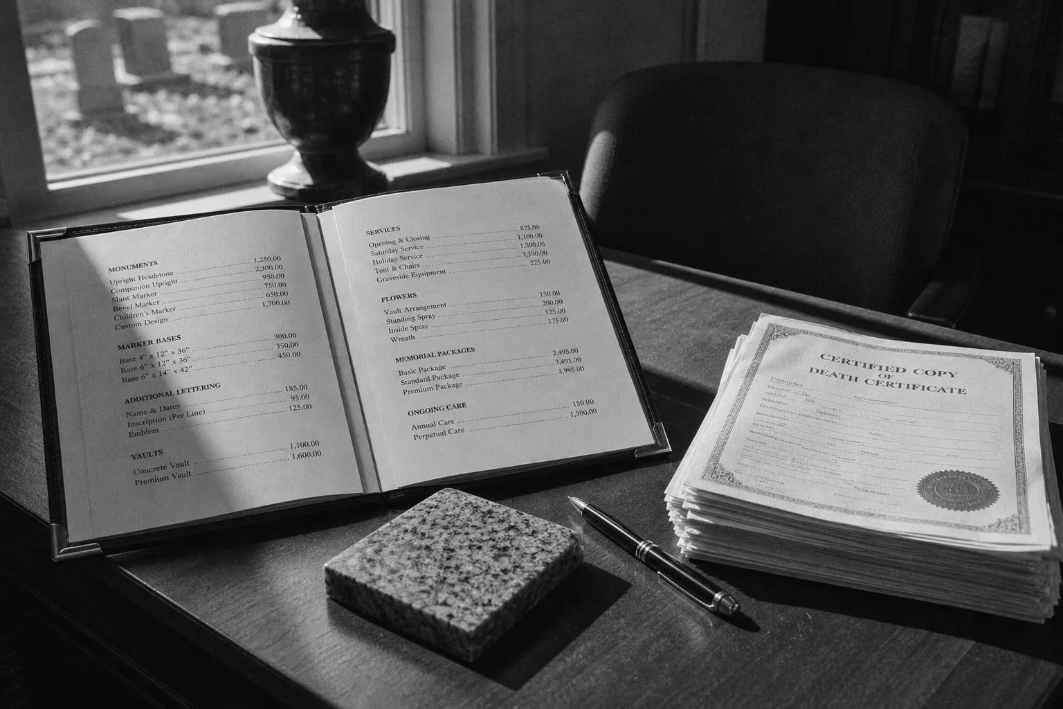 A quiet cemetery office desk with an open itemized price list, a granite sample tile, a pen, and a stack of certified death certificate copies