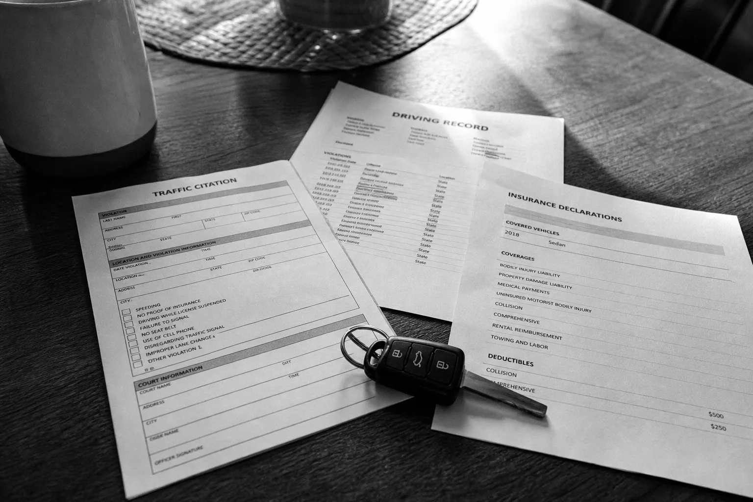 A traffic citation lying flat on a kitchen table beside a printed driving record, an insurance declarations page, and a car key