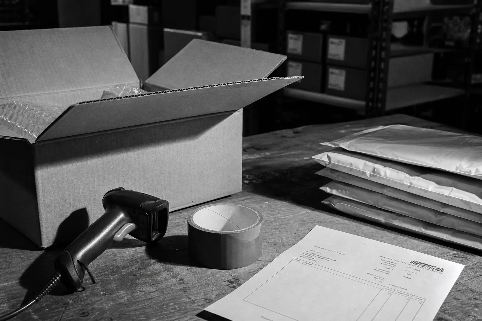 A warehouse packing station with an open corrugated shipping box, a roll of packing tape, a barcode scanner and a printed invoice lying beside stacked poly m...