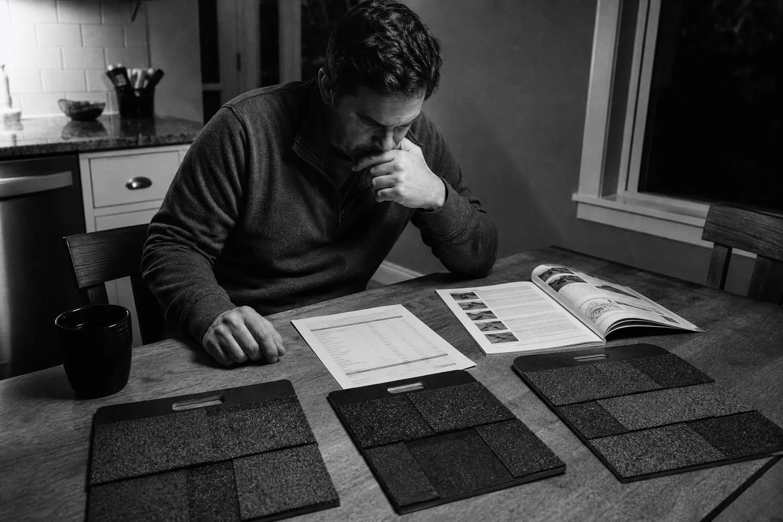 A homeowner at a kitchen table with three roofing shingle sample boards, a printed itemized estimate, and a manufacturer's installation instruction booklet s...