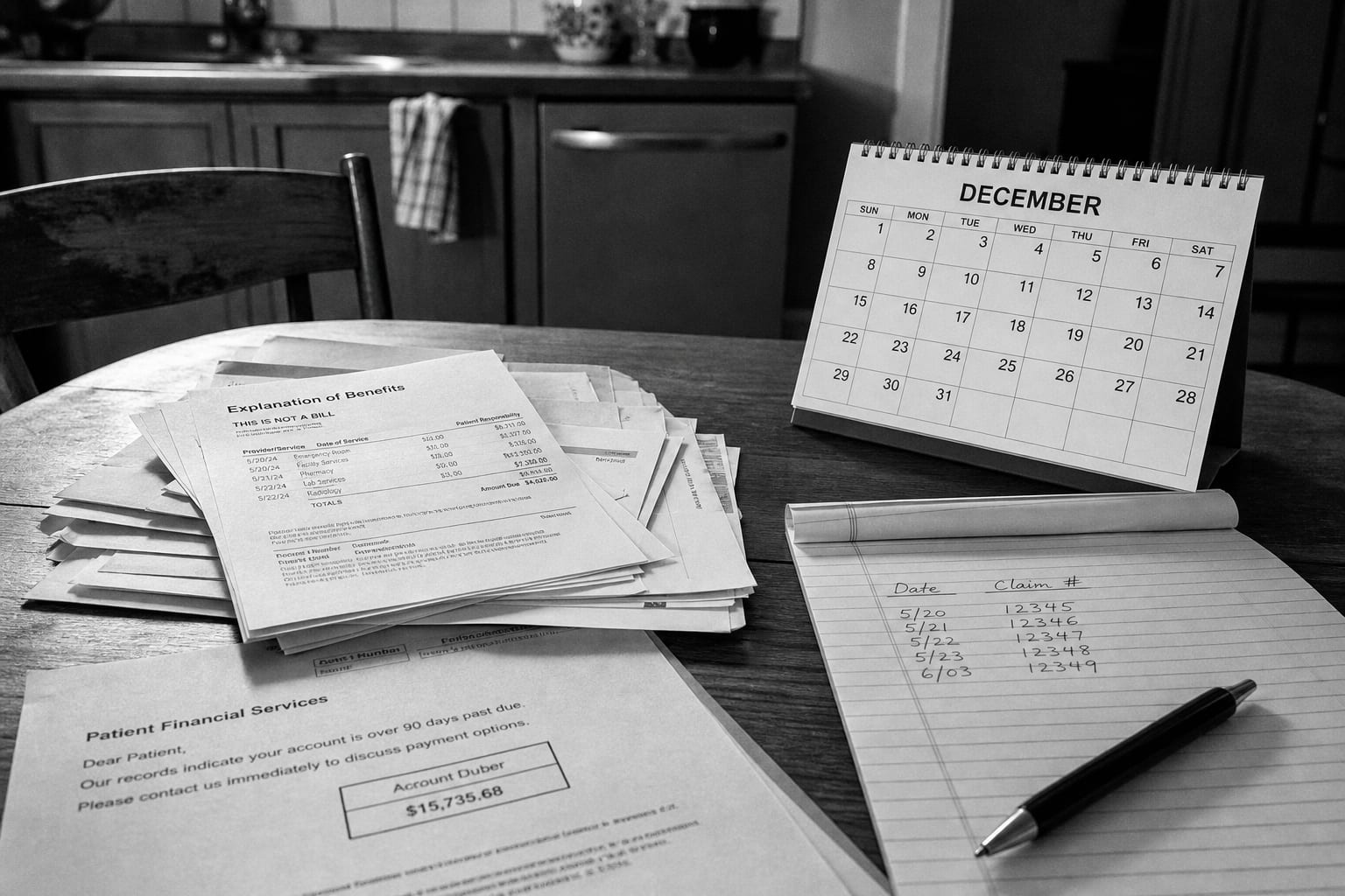 A kitchen table with a stack of explanation of benefits statements and a hospital billing letter, a legal pad with dates and claim numbers written on it, and...