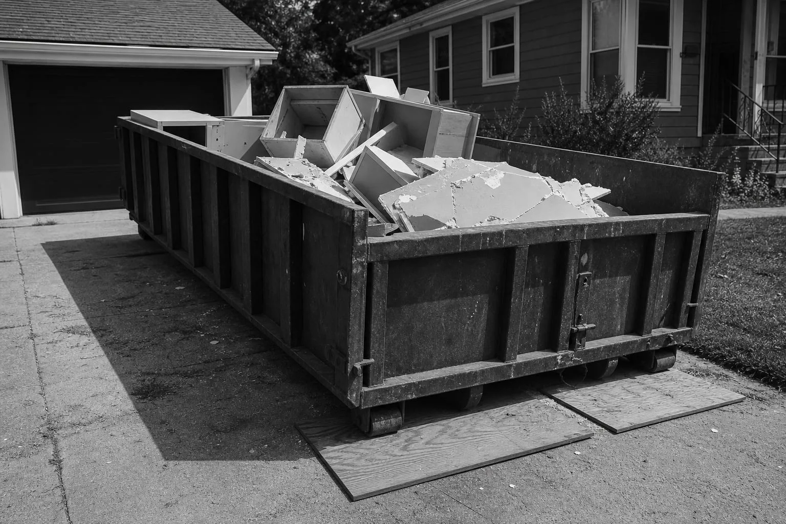 A roll-off dumpster on a residential driveway, half filled with broken drywall and old cabinet carcasses, with plywood under the rear rail