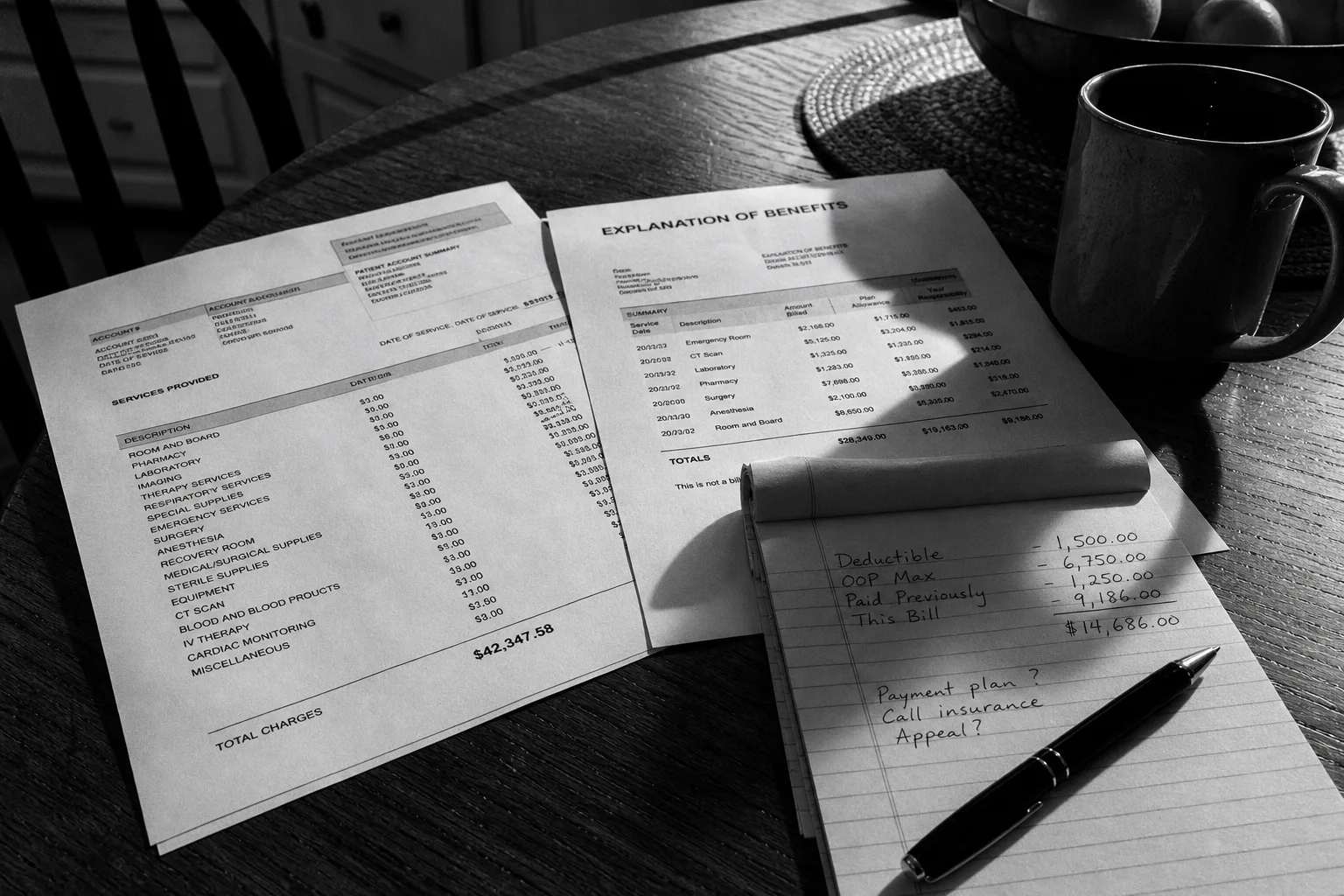 An itemized hospital bill and an insurance explanation of benefits laid side by side on a kitchen table, with a pen and a legal pad bearing handwritten notes