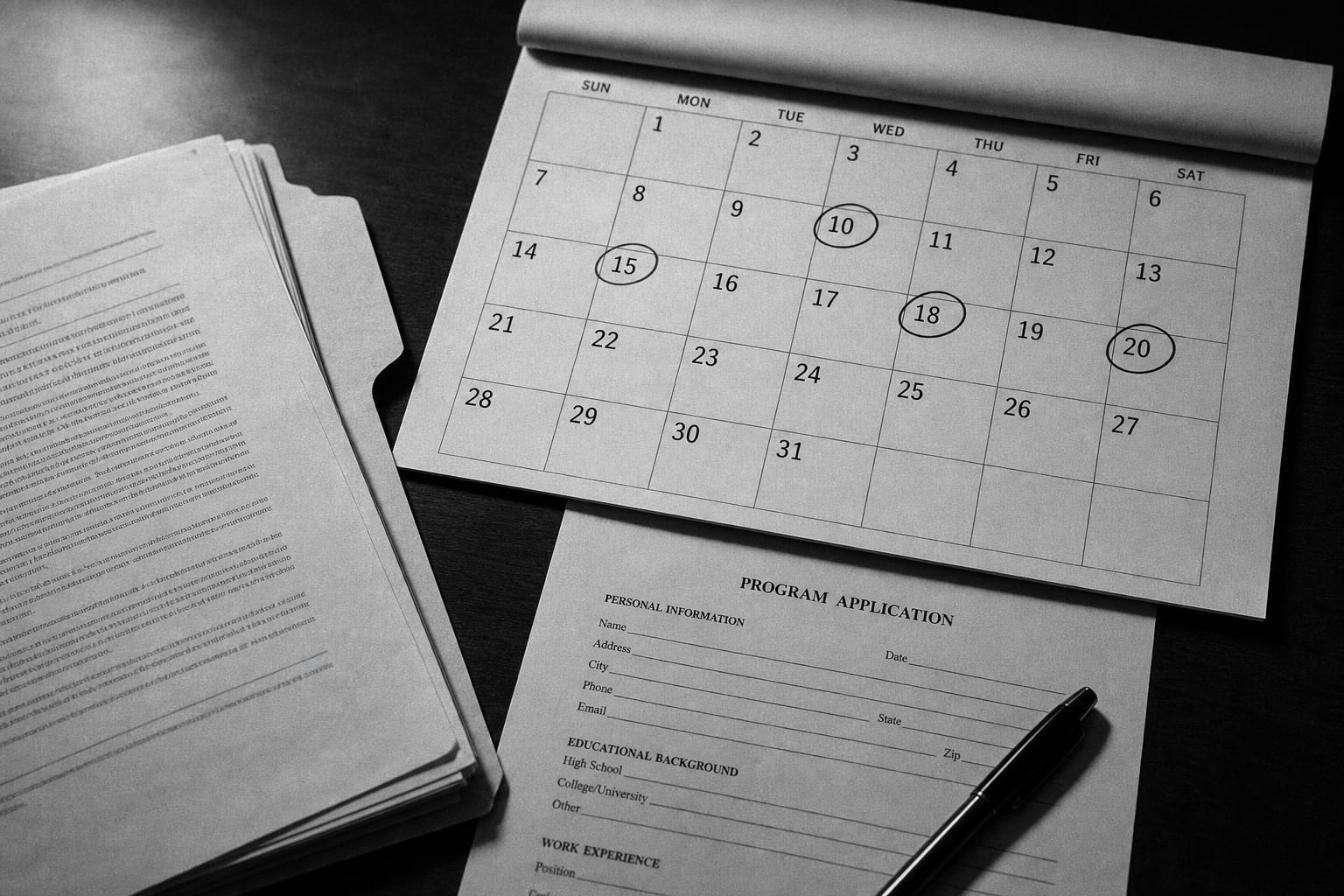 A wall calendar page with several dates circled in pen, sitting on a desk beside a manila folder of documents and a printed program application form