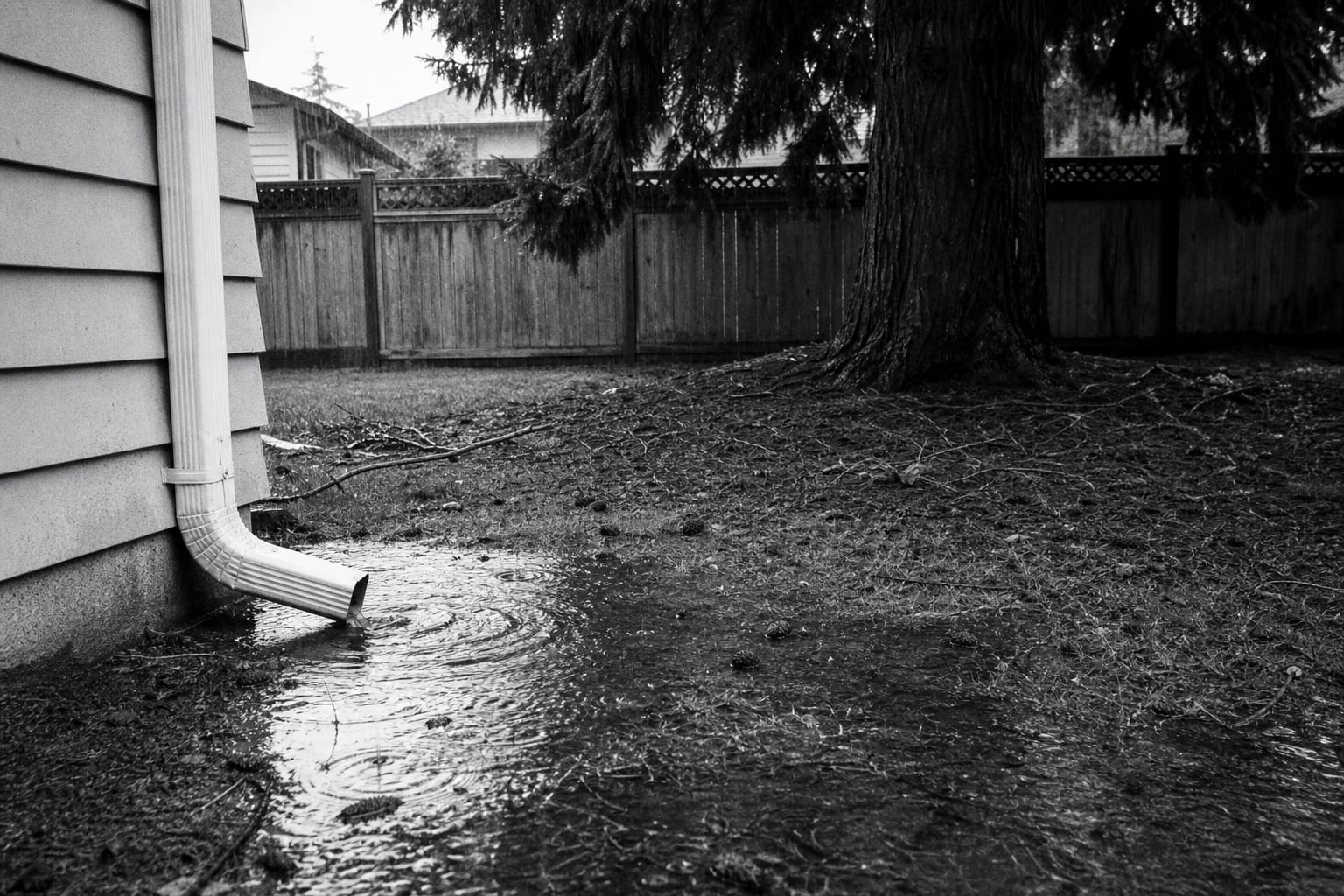 A residential backyard during steady winter rain, with water pooling near a downspout outlet and a large mature conifer at the property line