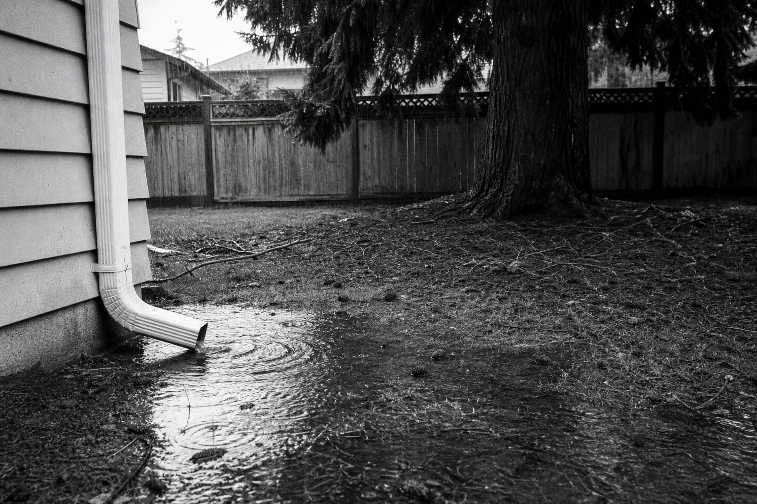A residential backyard during steady winter rain, with water pooling near a downspout outlet and a large mature conifer at the property line