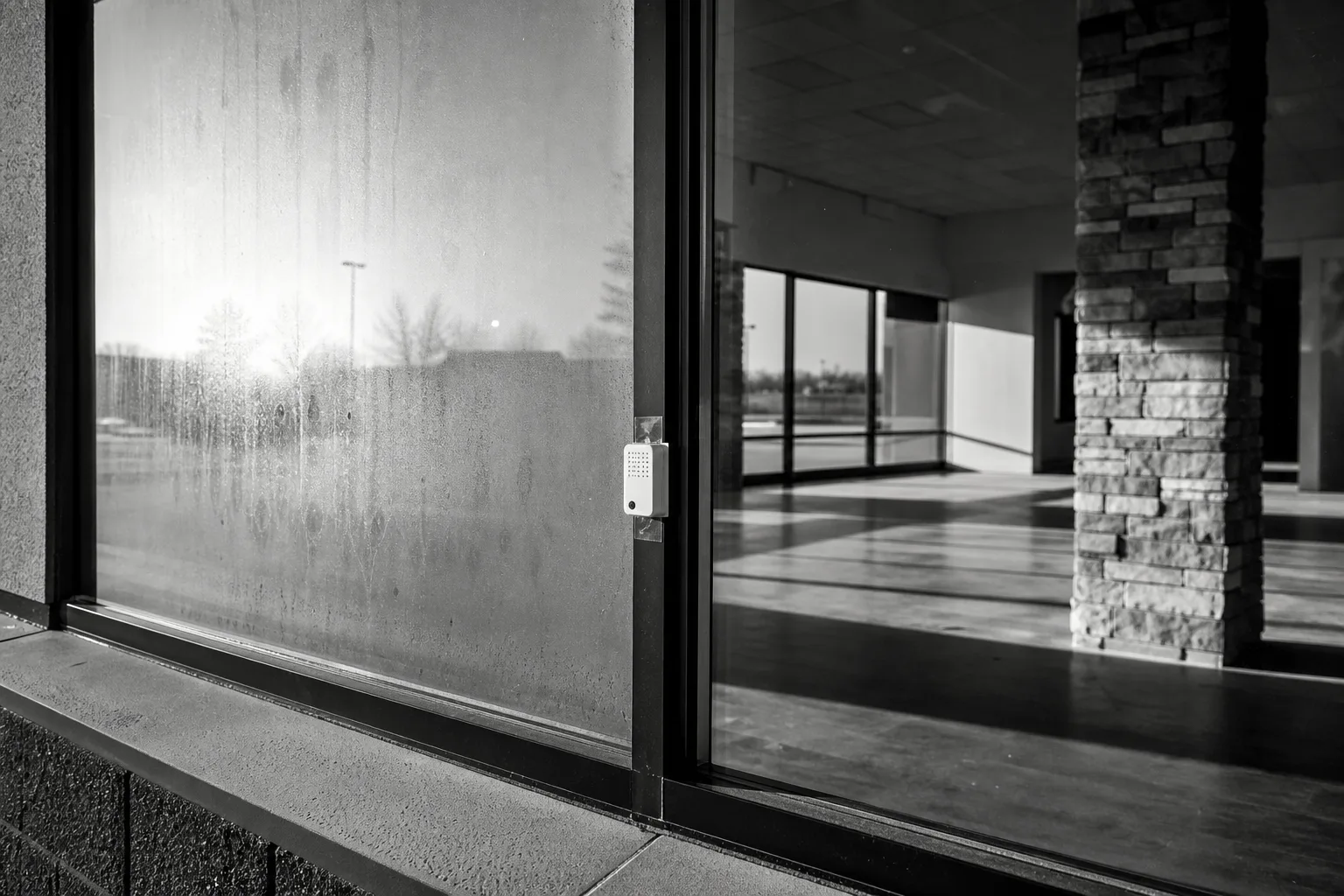 Close-up of a large commercial storefront window at dawn, one insulating glass unit clouded with moisture trapped between the panes while the adjacent panes...