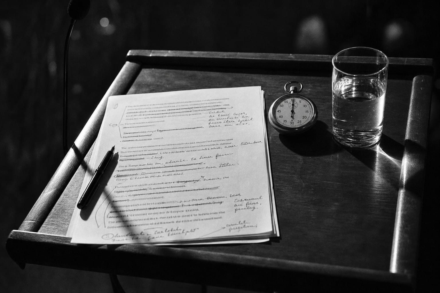 A printed speech draft on a lectern, marked up in pen with cuts and margin notes, a stopwatch and a water glass beside it