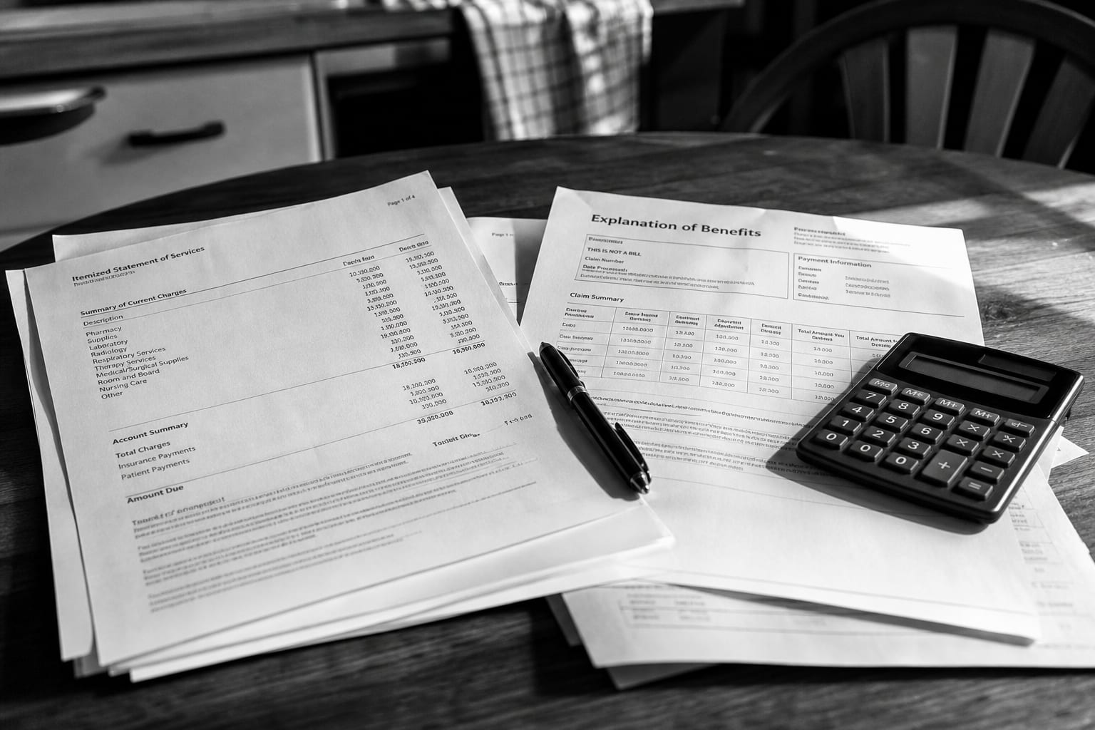 A multi-page itemized hospital statement spread across a kitchen table beside an insurance explanation of benefits, with a pen and a calculator resting on th...