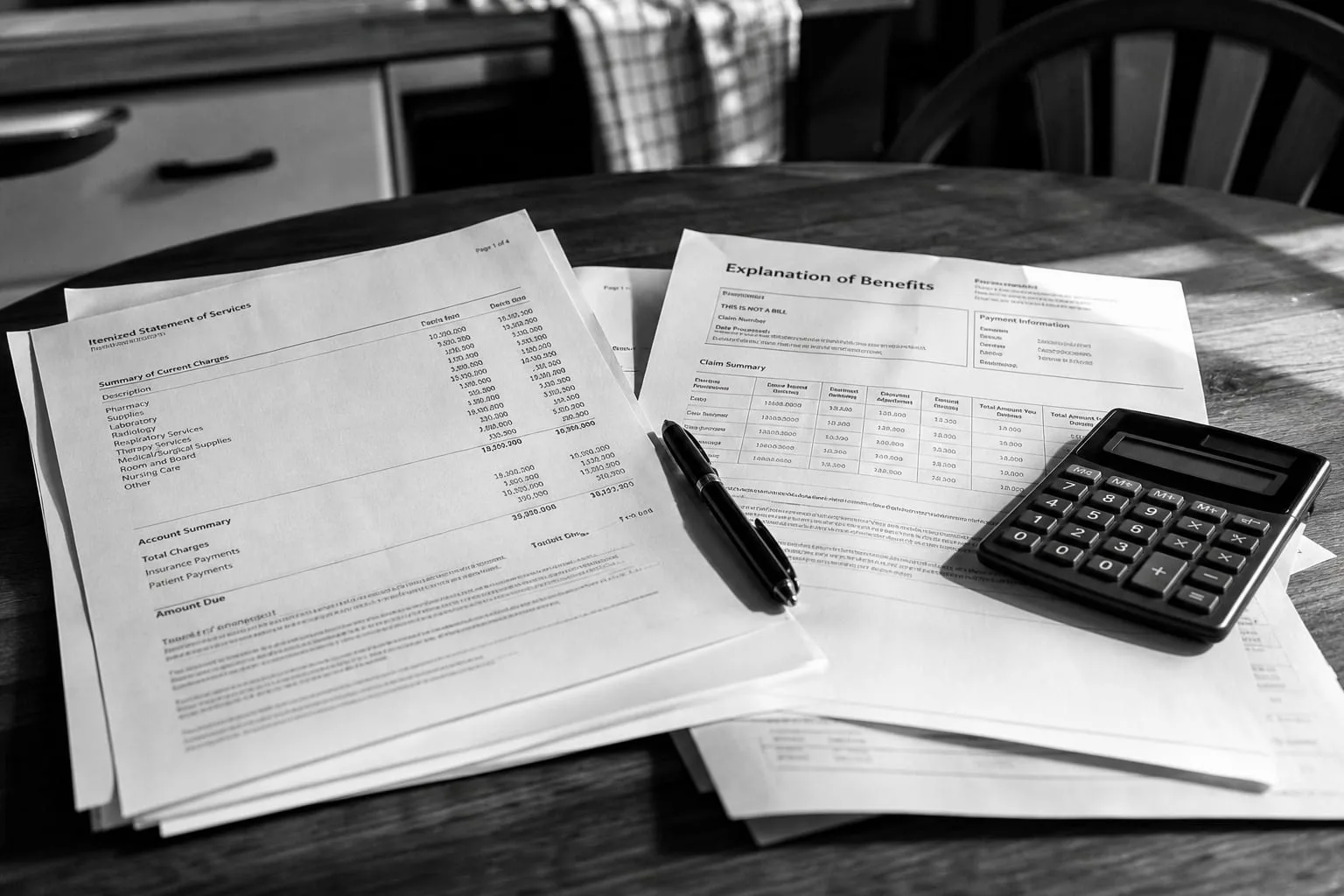 A multi-page itemized hospital statement spread across a kitchen table beside an insurance explanation of benefits, with a pen and a calculator resting on th...