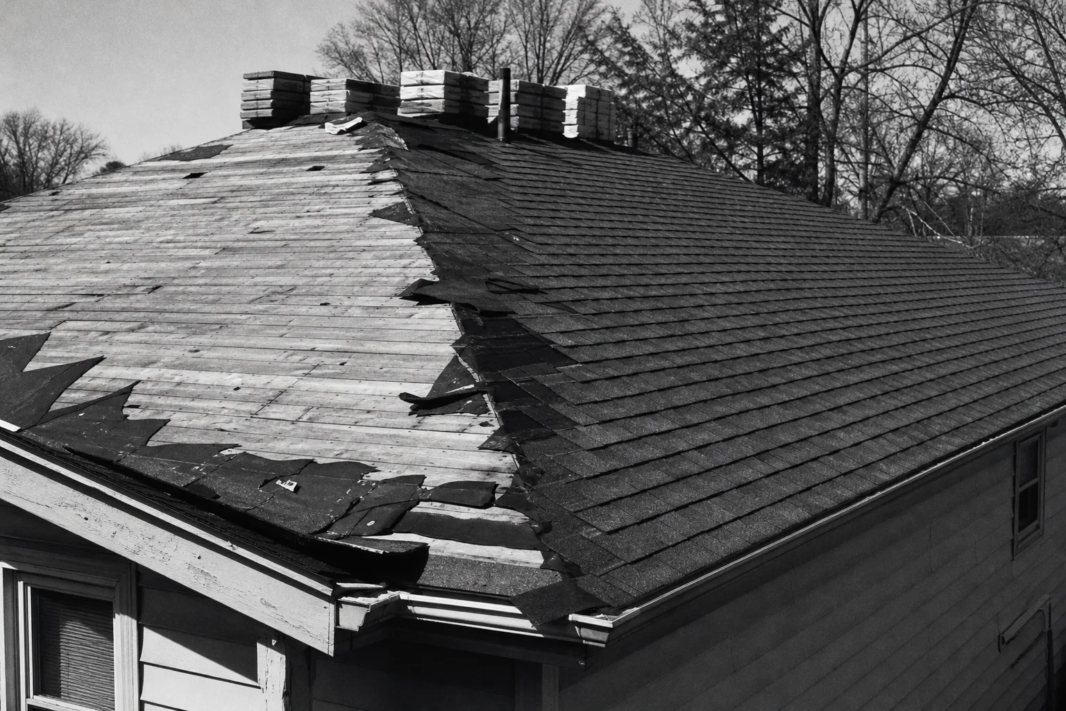 A partially torn-off residential roof in late autumn, showing exposed wood decking on one side and newly installed architectural asphalt shingles on the othe...