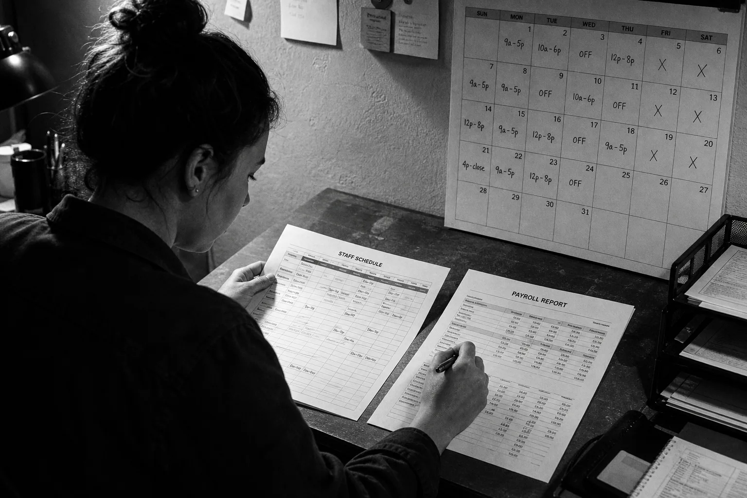 A small-business manager at a desk reviewing a printed staff schedule and a payroll report side by side, with a wall calendar showing shifts marked in pen
