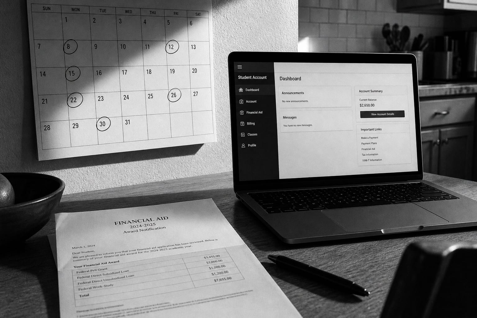 A wall calendar page with several dates circled in pen, a laptop showing a student account portal beside it, and an opened financial aid letter on a kitchen...
