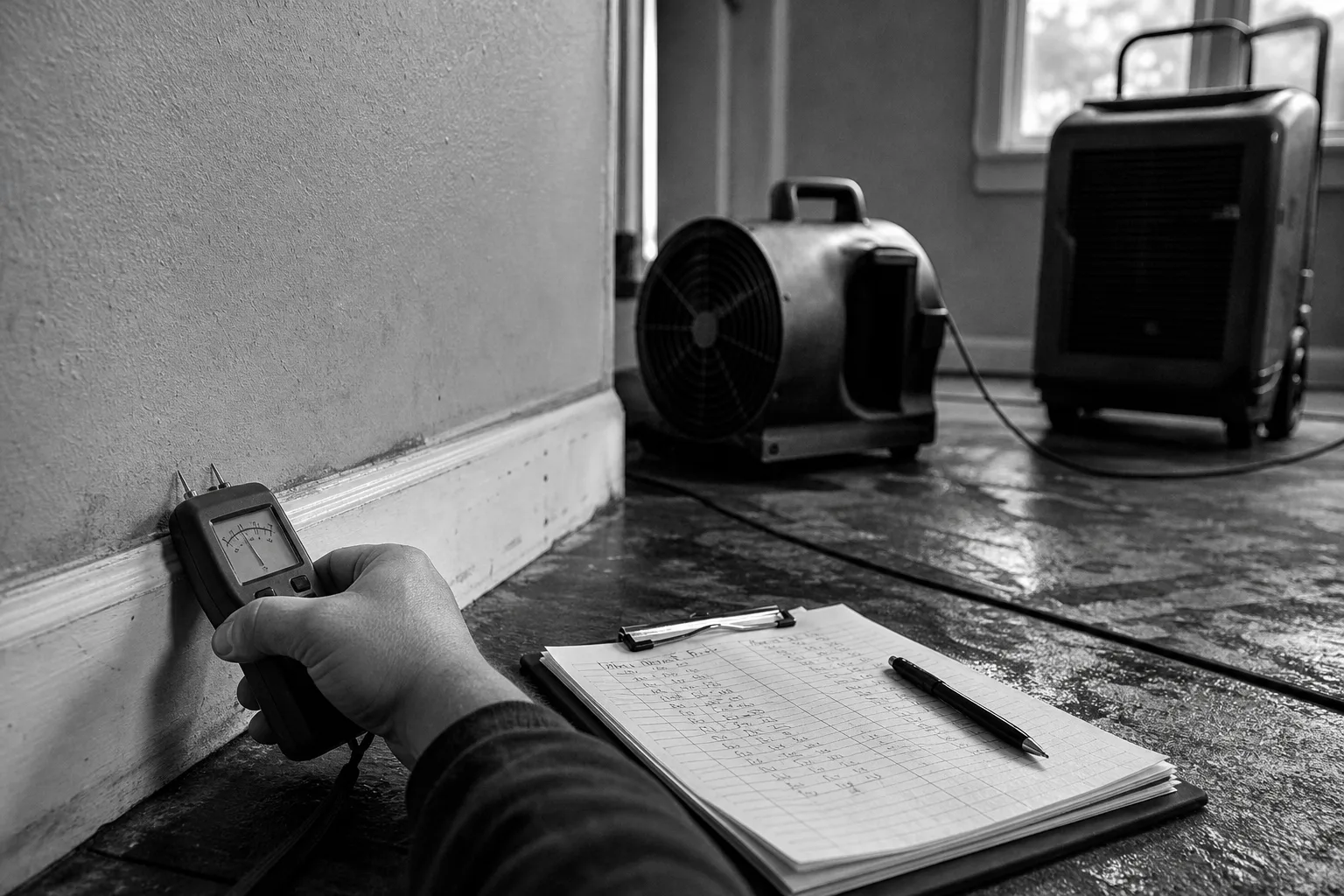 A handheld pin-type moisture meter pressed against a baseboard in a residential room, with an air mover fan and a dehumidifier running on damp flooring in th...