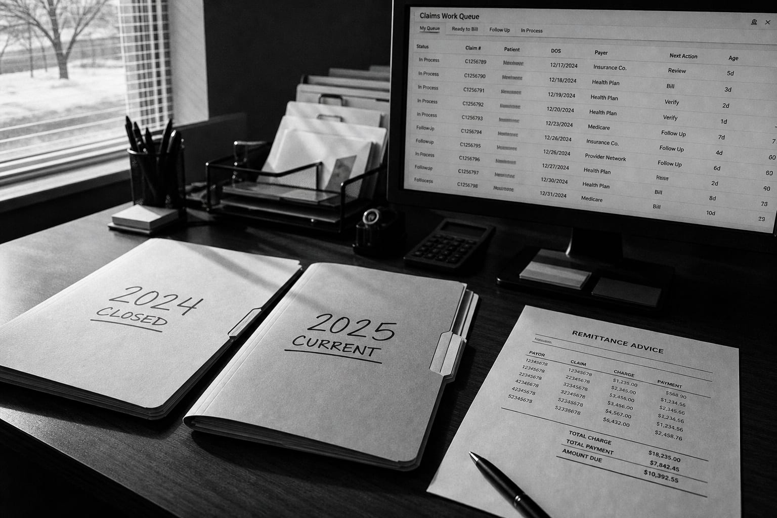 A billing office desk in early January with two labeled folders side by side, one for the closing year and one newly started, a monitor showing a claims work...