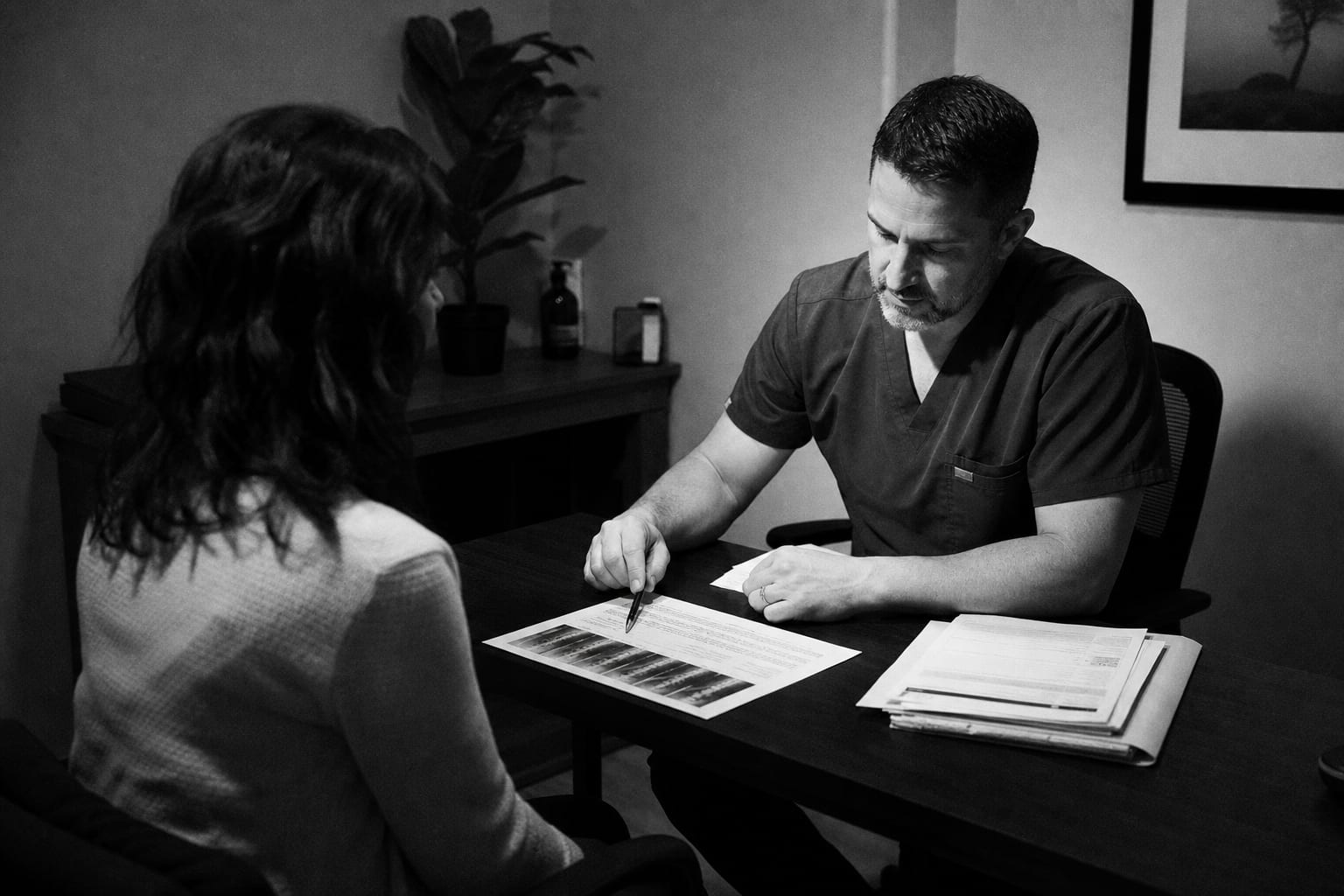 A patient and a clinician seated across a small desk in a private practice consultation room, a printed treatment plan and a folder of records on the desk be...