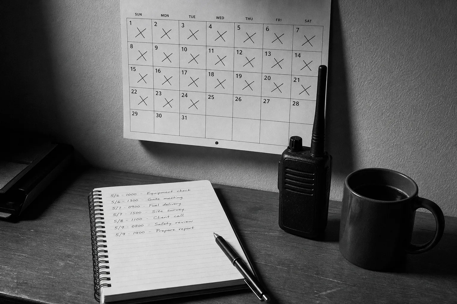 A small office desk with a paper wall calendar showing twelve weeks marked in pen, a spiral notebook with short handwritten entries, and a two-way radio besi...
