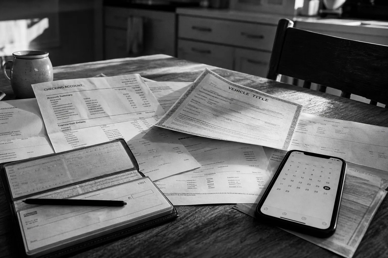A kitchen table covered with bank statements, a vehicle title, and a checkbook, with a smartphone calendar open beside them