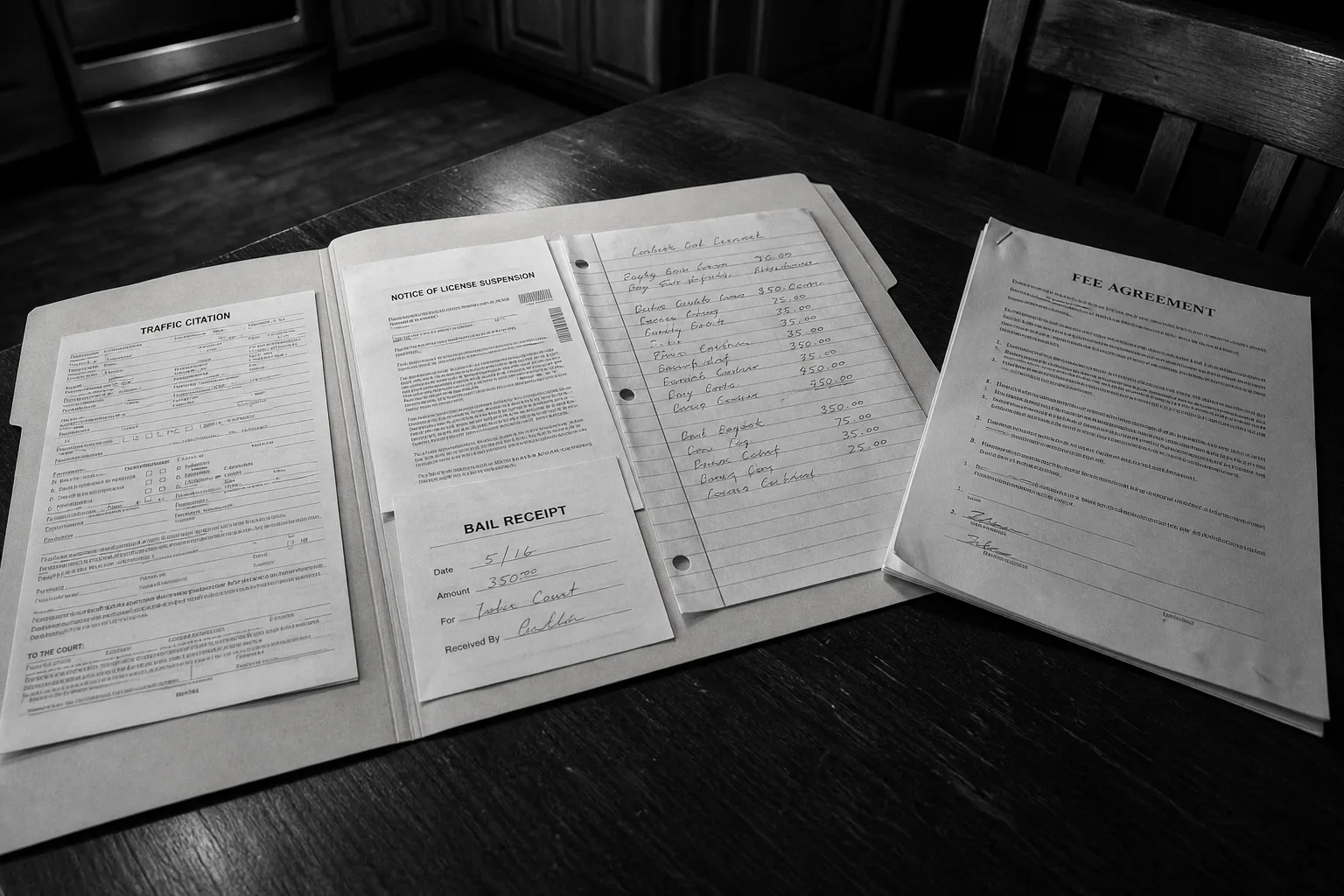 A manila folder open on a kitchen table holding a traffic citation, a license suspension notice, a bail receipt, and a handwritten page of notes, with a stap...