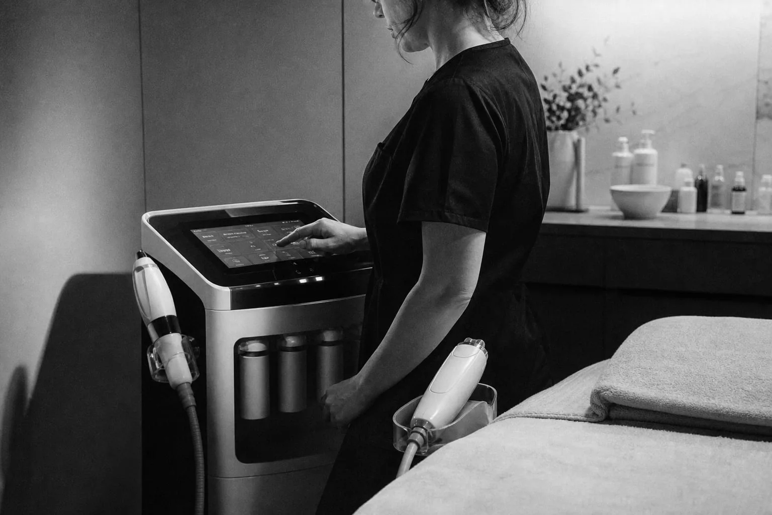 A clinician in scrubs adjusting the settings on a professional facial treatment device in a treatment room, with the handpiece resting in its cradle beside a...