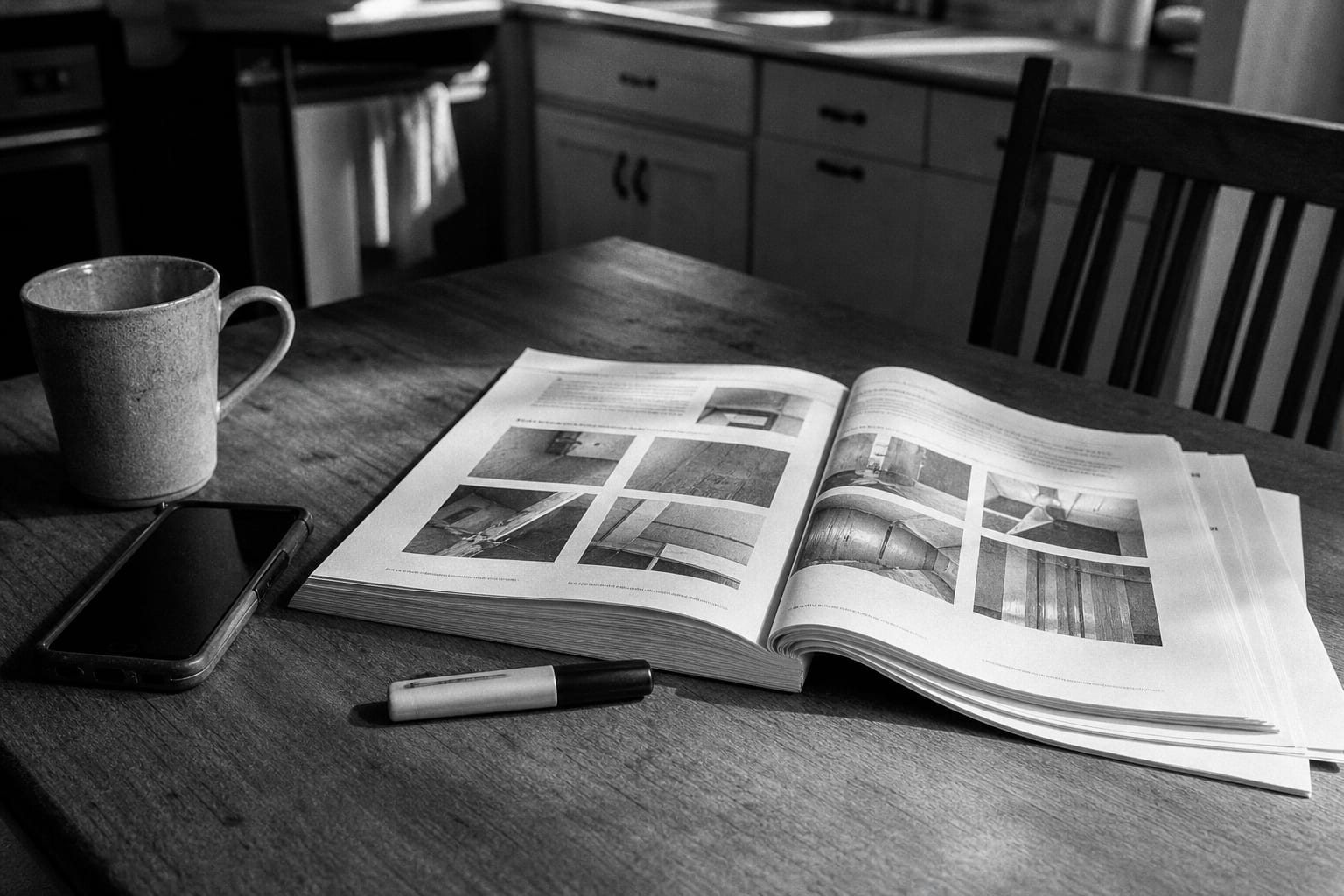 A printed home inspection report several dozen pages thick, spread open on a kitchen table beside a highlighter, a phone, and a mug