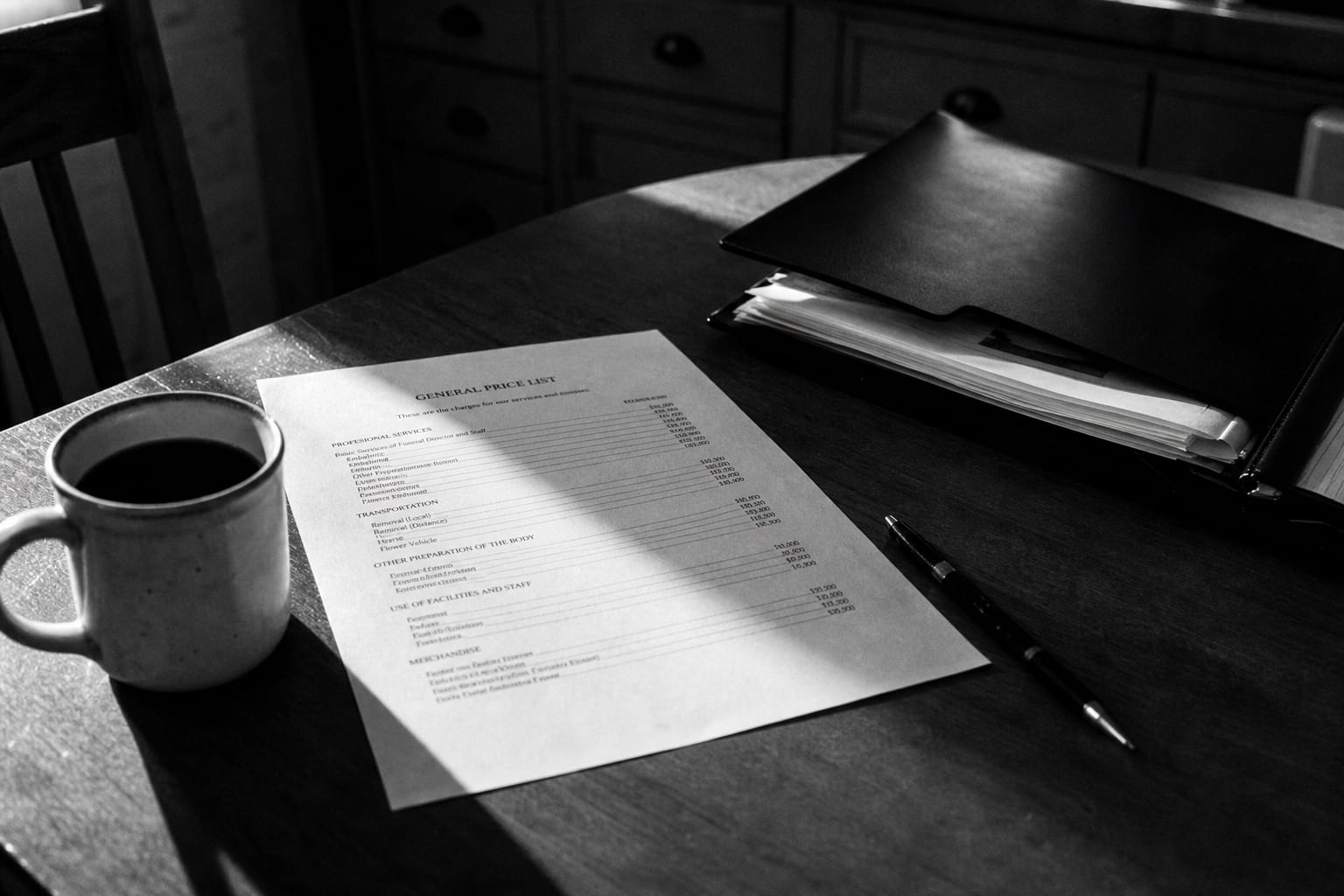 An itemized funeral home general price list on paper resting on a kitchen table beside a pen, a folder of documents, and a coffee cup