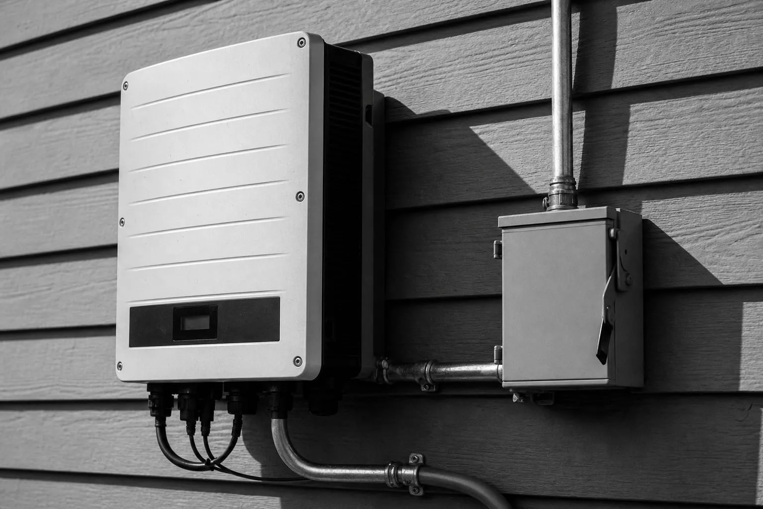 A string inverter and metal conduit mounted on the exterior wall of a house beside a gray electrical disconnect box