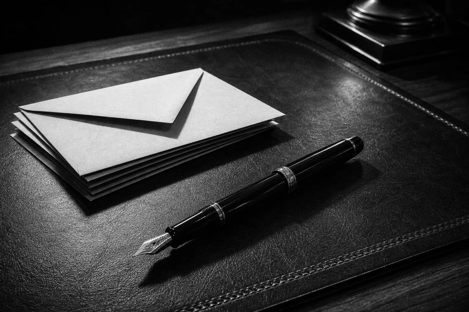 A fountain pen resting on a leather desk blotter beside a small stack of plain unmarked envelopes