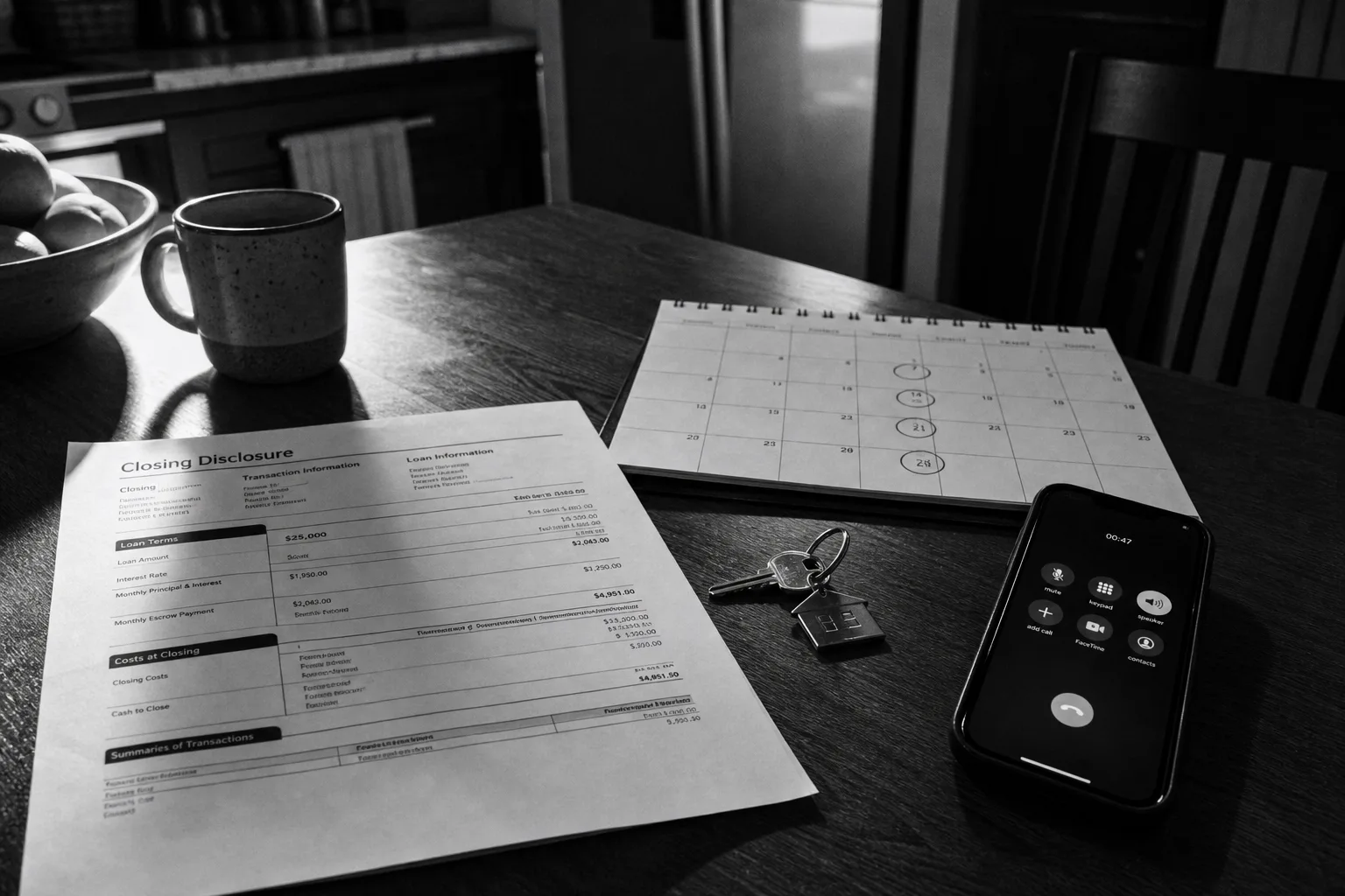 A kitchen table with a mortgage closing disclosure, a calendar with several dates circled, a set of house keys and a phone showing a call in progress