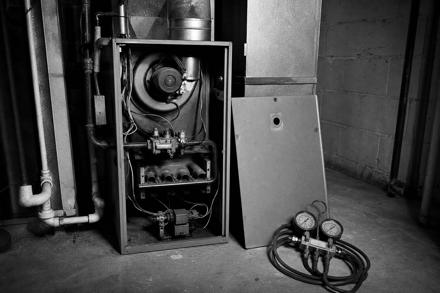 A gas furnace in a basement utility room with its front access panel removed and a manifold gauge set resting on the floor beside it