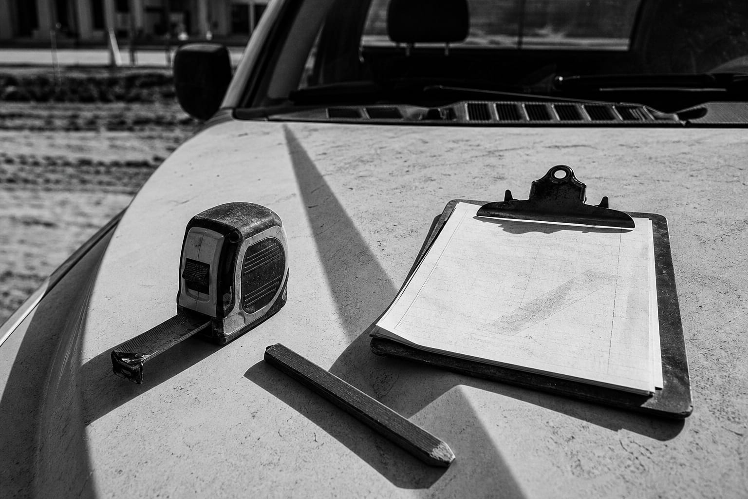 A tape measure, a flat carpenter's pencil and a clipboard resting on the hood of a pickup truck