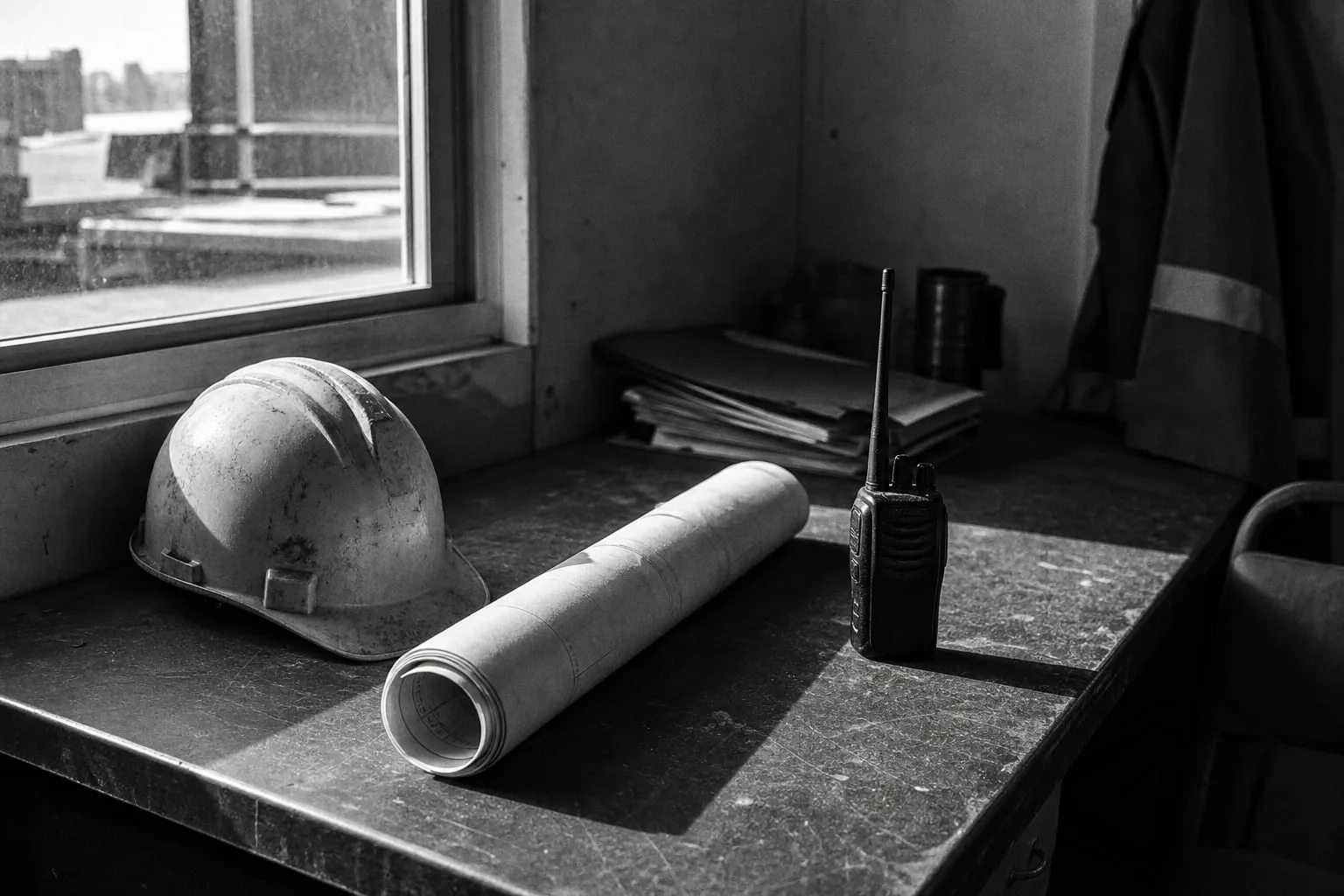 A job trailer desk with a hard hat, a rolled set of drawings and a two-way radio resting on it