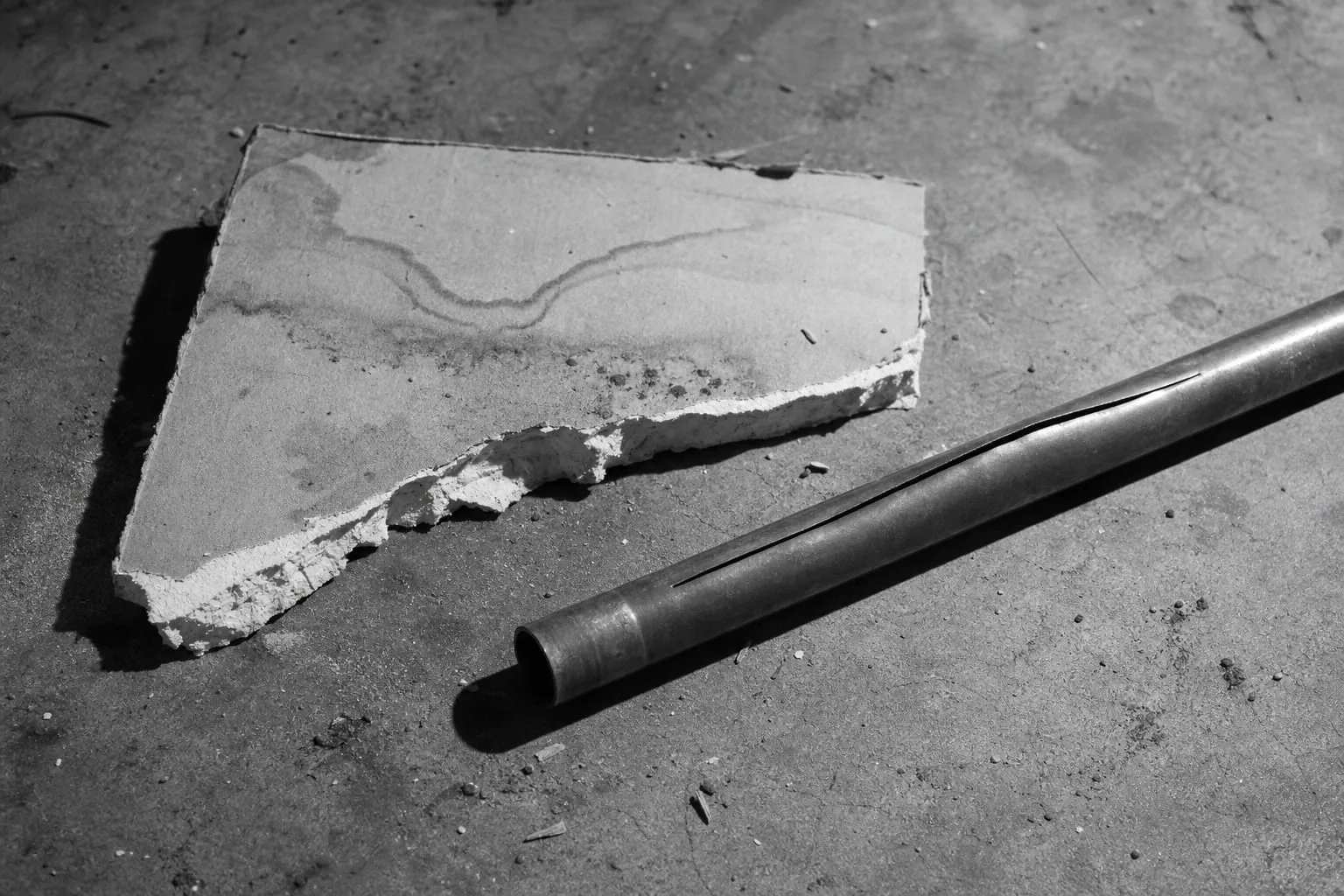A cut section of water-stained drywall and a length of copper pipe with a split along its seam, laid out on a bare garage floor