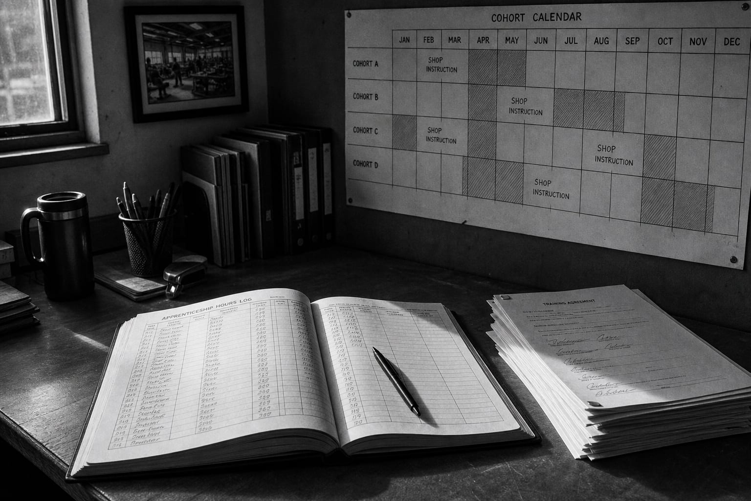 A training coordinator's desk in a workshop office with an open apprenticeship hour log, a wall-mounted cohort calendar marked with instruction blocks, and a...