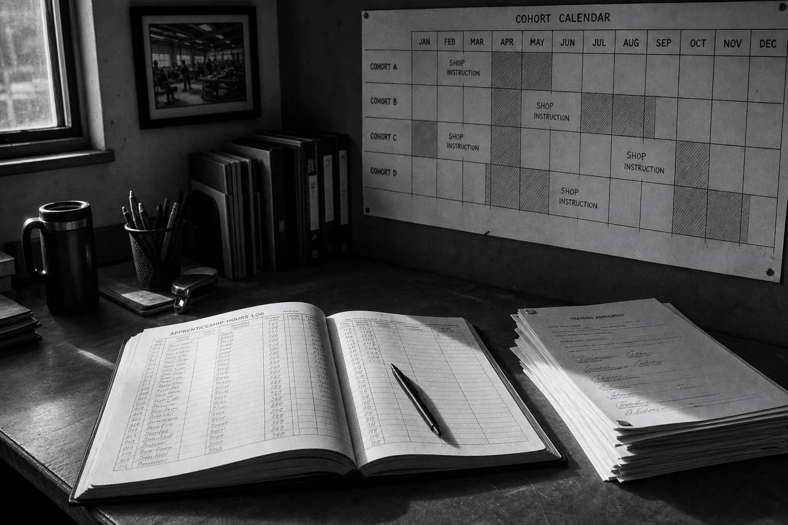 A training coordinator's desk in a workshop office with an open apprenticeship hour log, a wall-mounted cohort calendar marked with instruction blocks, and a...